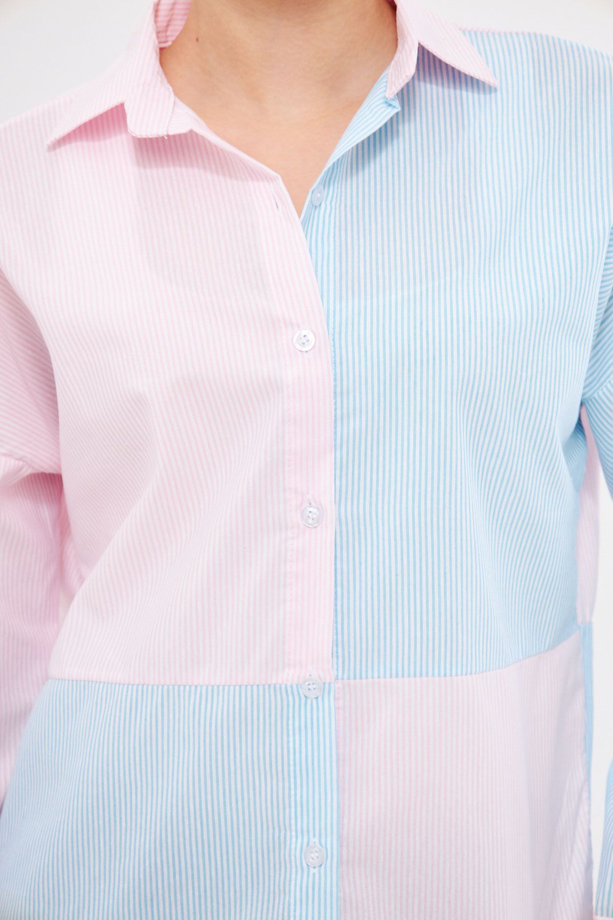 Woman Baby Blue Blue Striped Two Color Long Sleeve Shabby Shirt ARM-21K001193