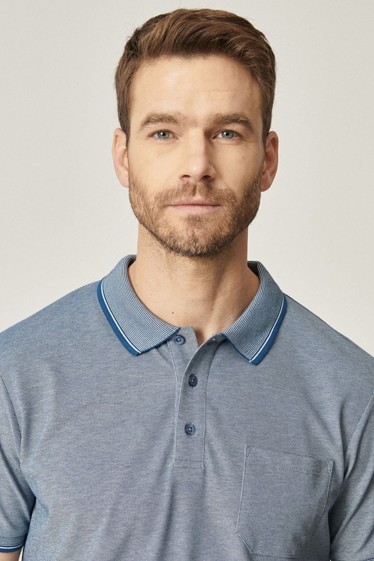 Men-drawn cotton fabric comfort fit comfortable cut Indigo-White Curled Polo Yaka Pocket T-shirt