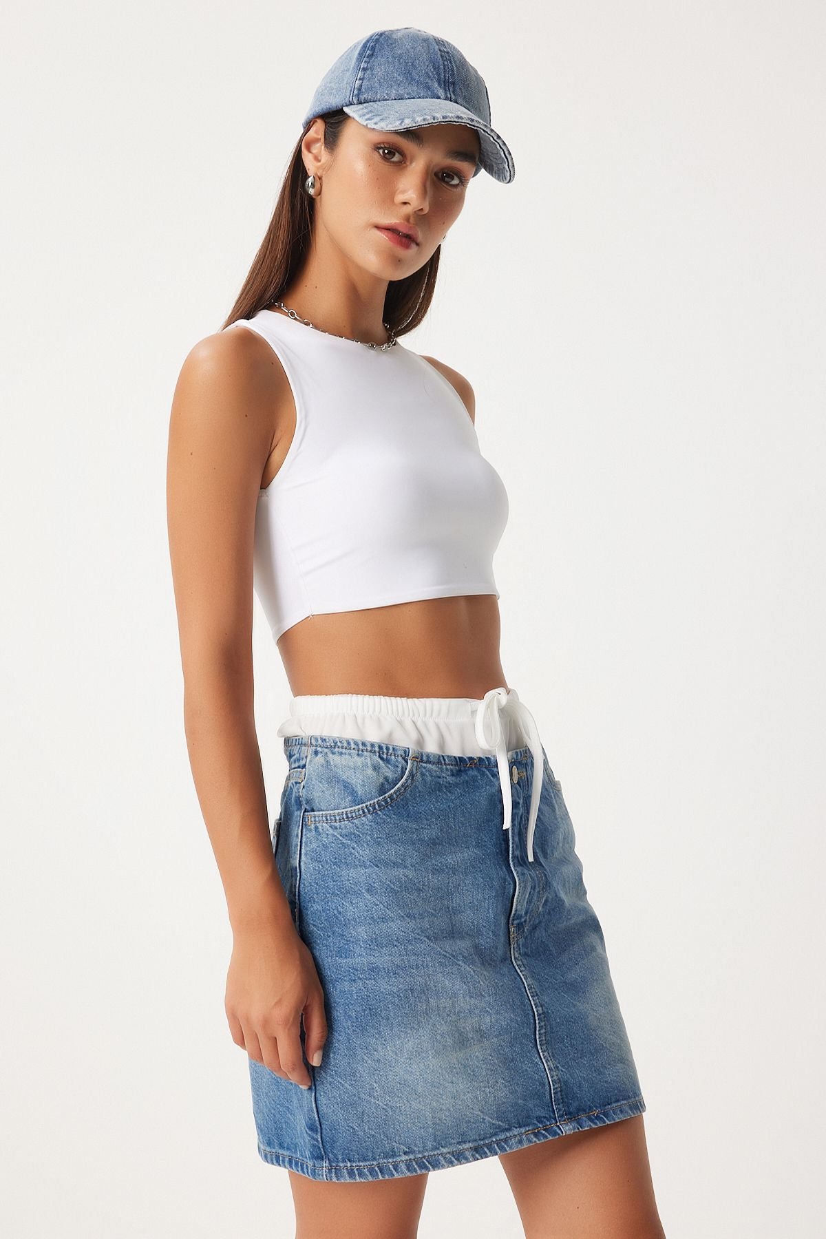 Women's Blue Boxer Detailed Denim Skirt FN03225