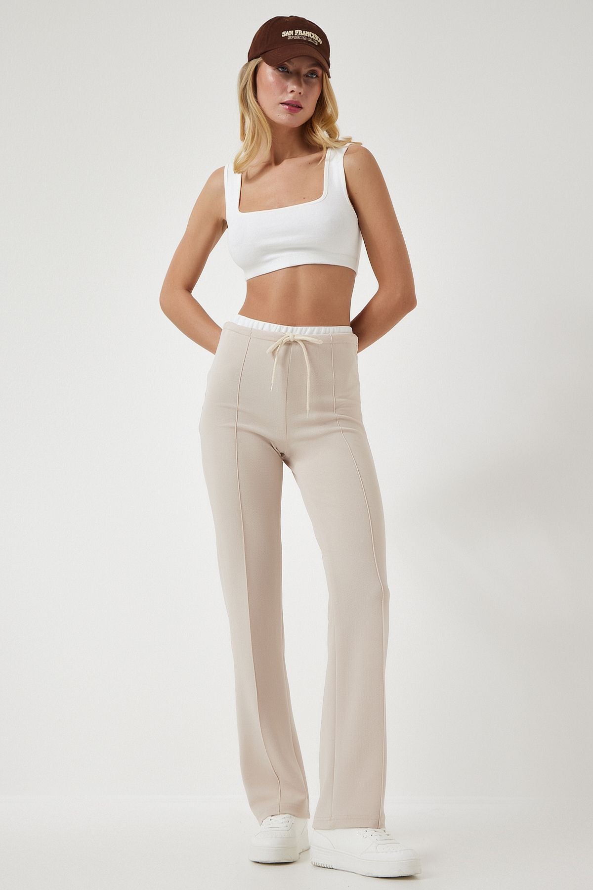 Women's Cream Connect Detailed Knitting Pants RV00157