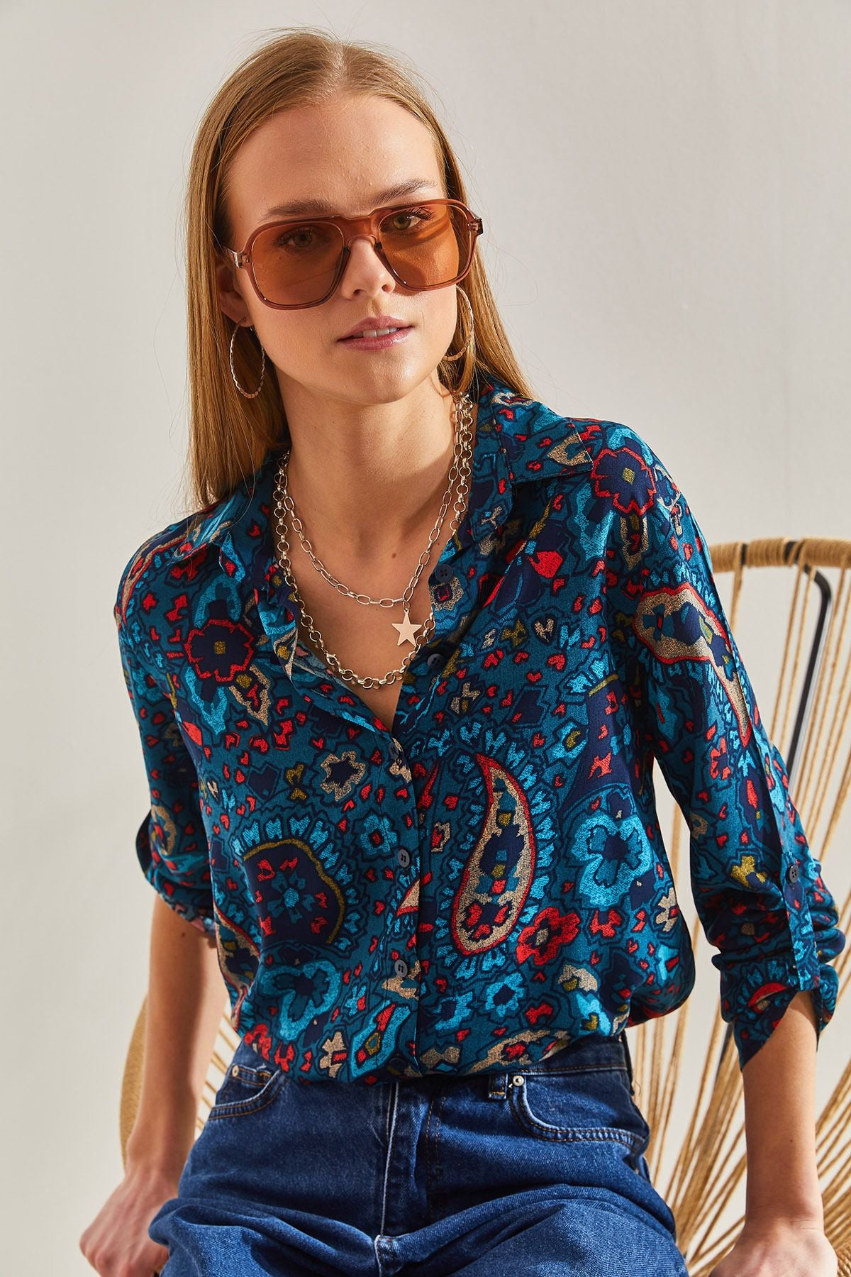 Women's Arm Folded Flower Patterned Viscose Shirt 60101029