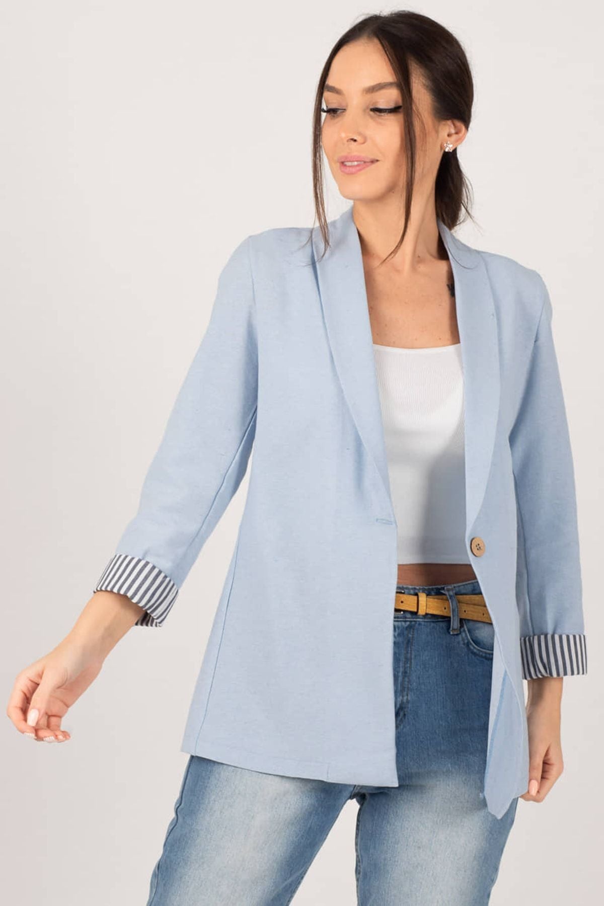 WOMEN BABY BLUE BLACK SOLD INCLUDED SINGLE buttoned jacket ARM-22K001122