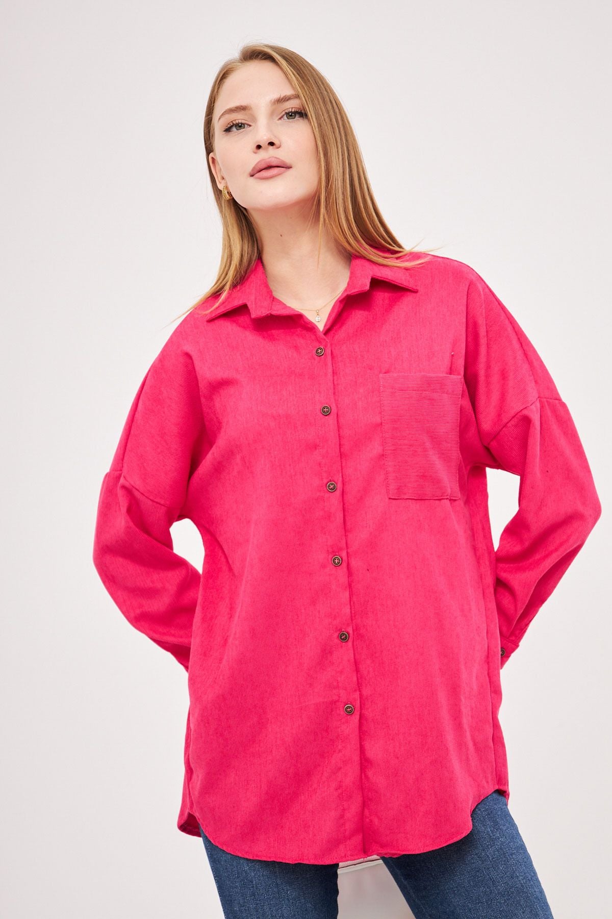 Women's Fuchsia Pocket Oversize Fine Wick Velvet Shirt ARM-24K001076