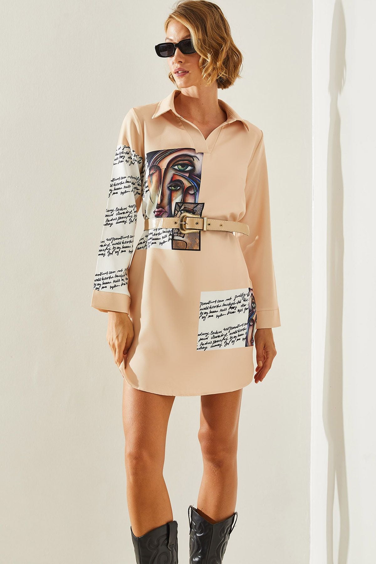 Women's Shirt Collar Digital Printing Patterned Pocket Detailed Arched Dress 22241 60251618