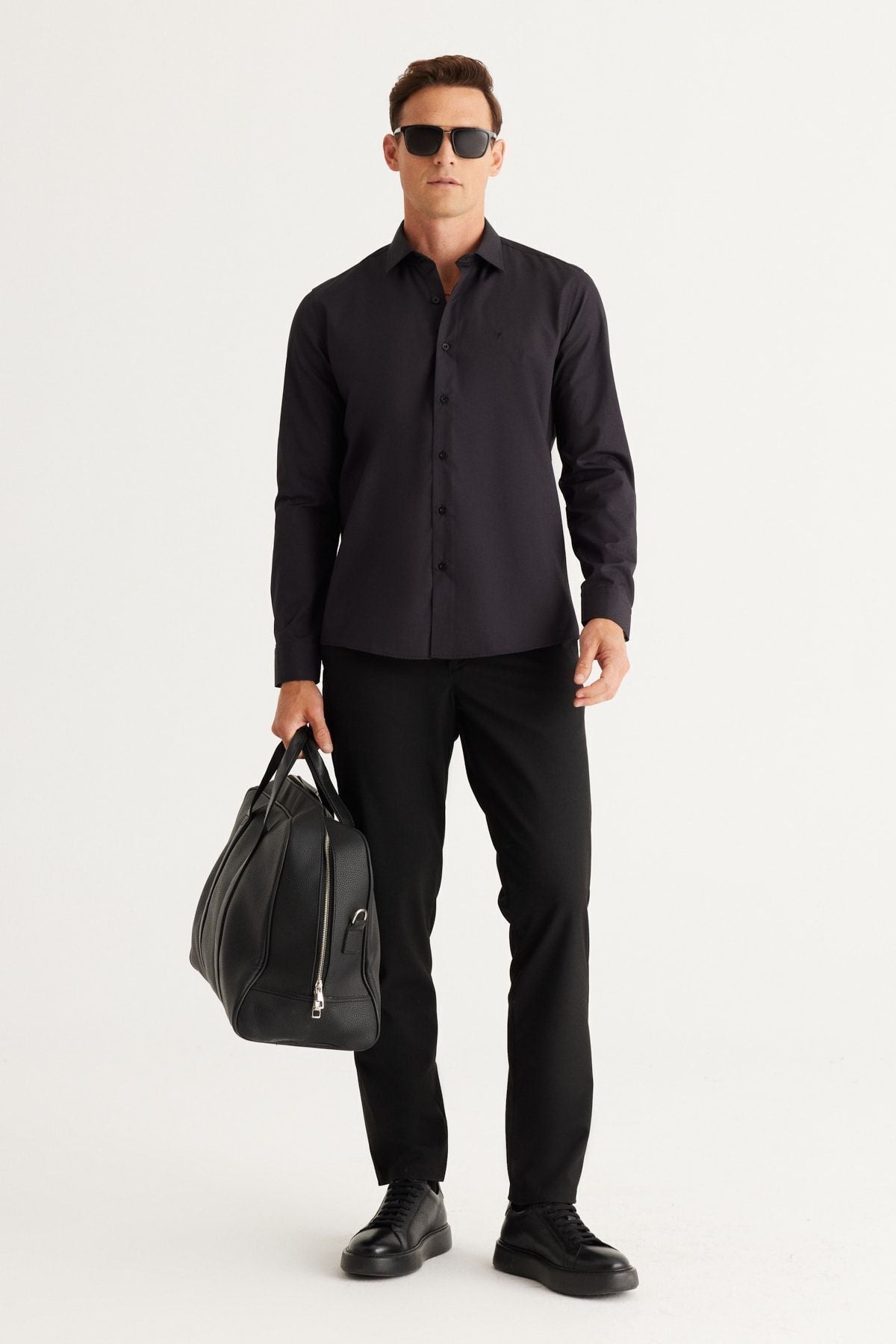 Men's black ironing easy non-Ion slim fit narrow cut classic collar cotton shirt