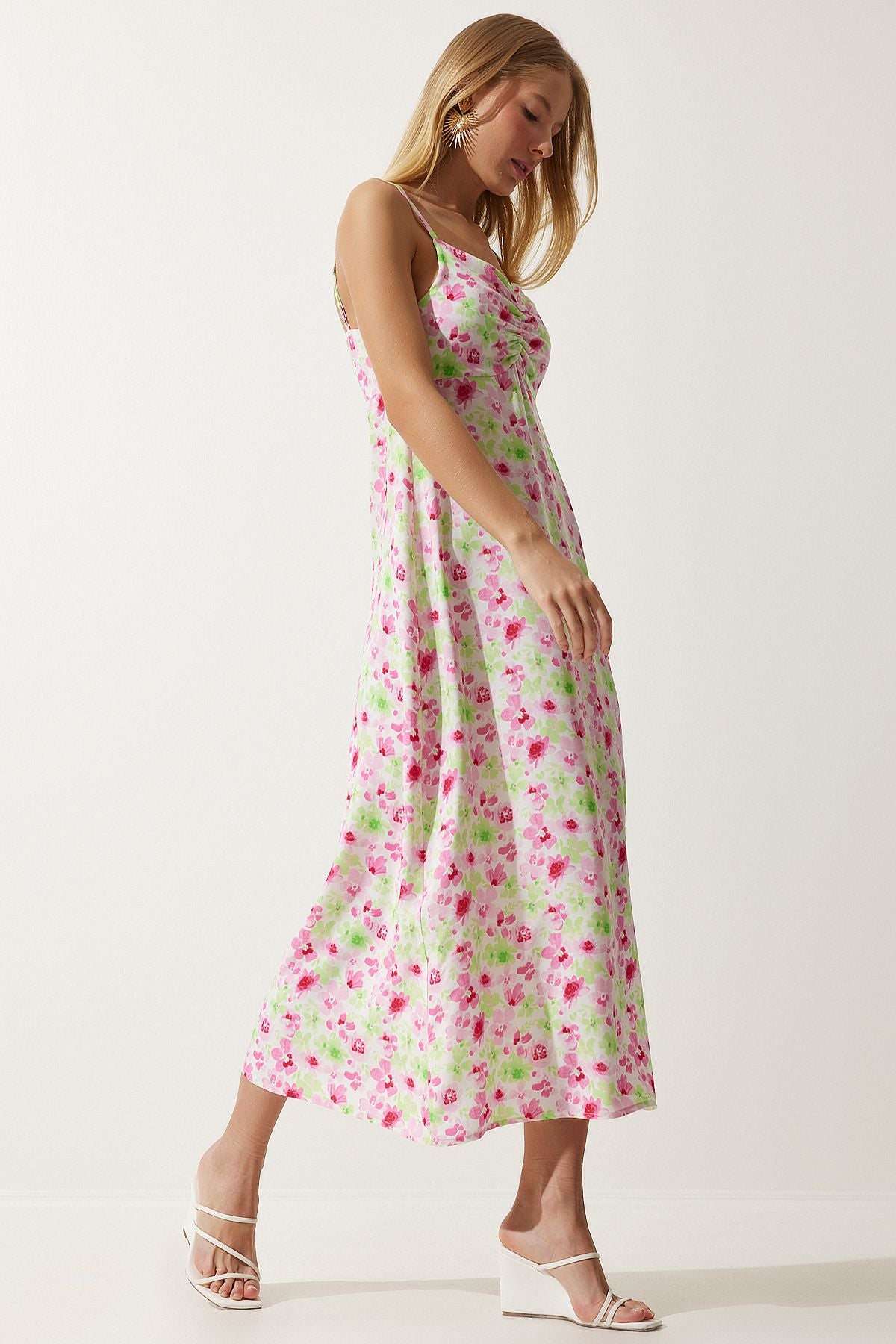 Female green pink strap pattern viscose dress ub00236