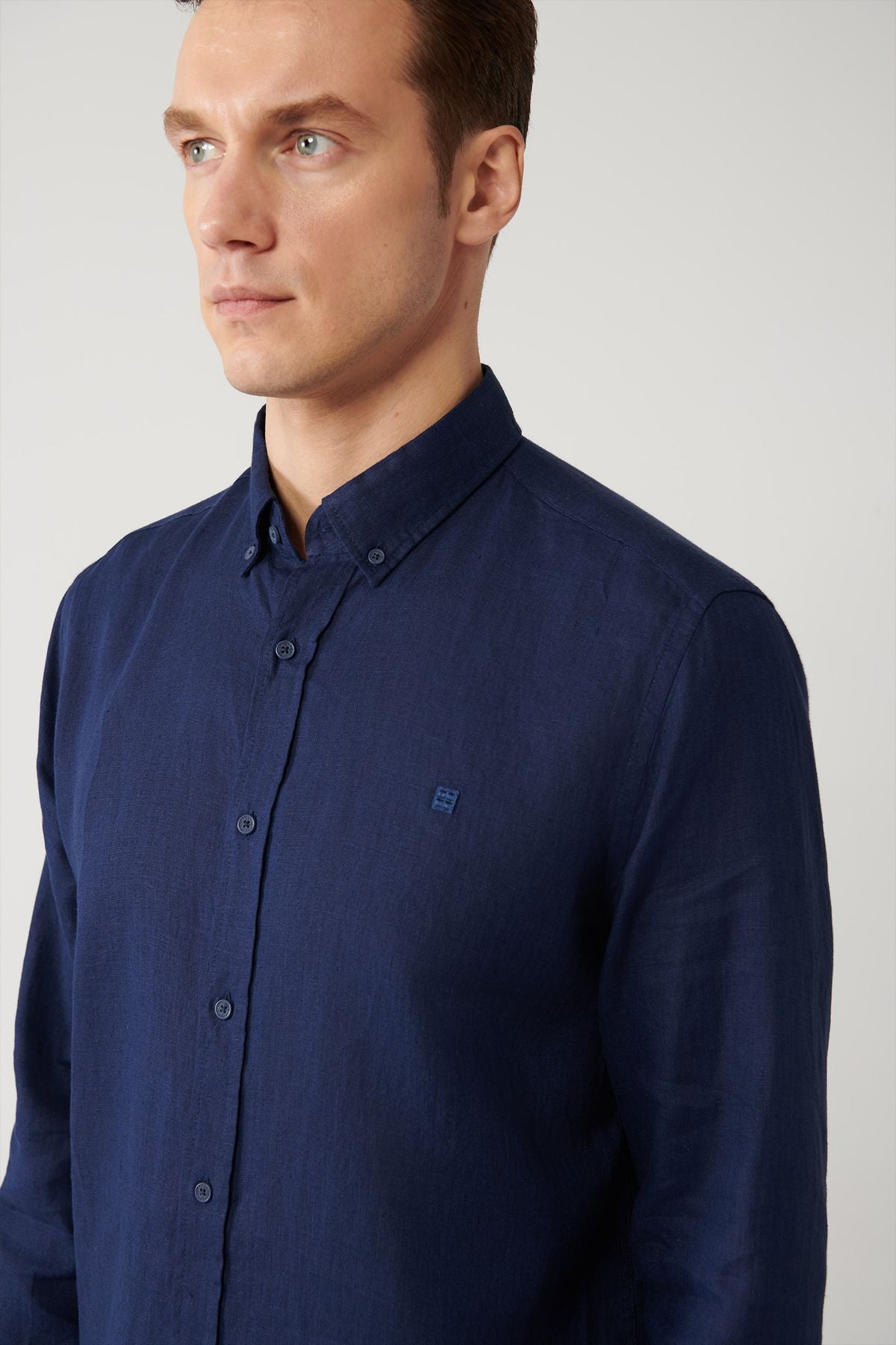 Men's Navy Blind 100 %Linen Buttoned Neck Shirt B002191