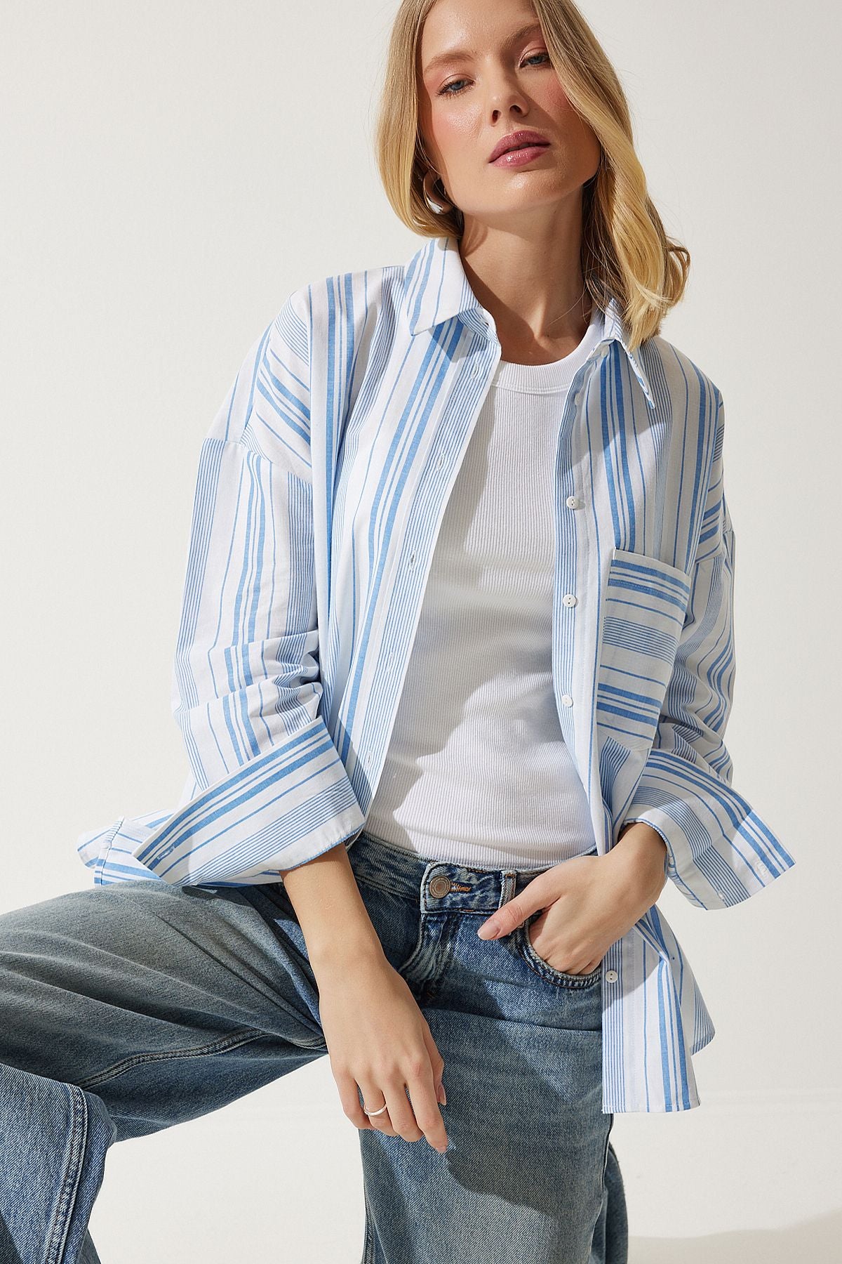 Woman White Blue Striped Cotton Oversize Shirt HK00034