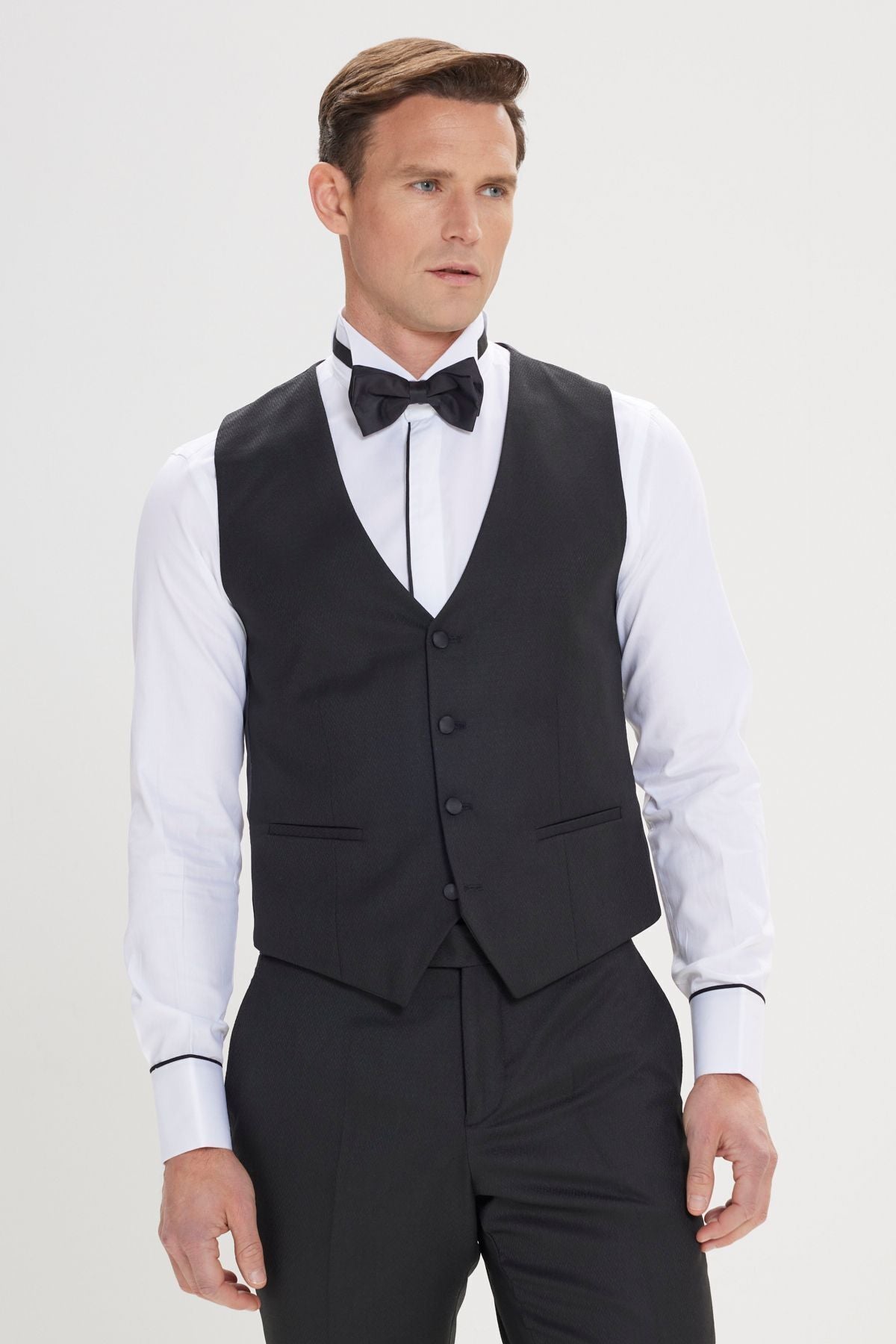 Men's Black Slim Fit Narrow Cut Swallow Collar Patterned Vest Tuxedo Set
