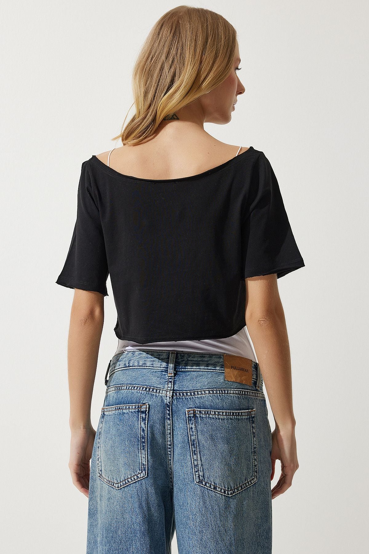 WOMEN BLACK GRAY GRAY MELANGEMENT BOAT BASIC CROP 2 PC Package Knitting T-Shirt OW00036