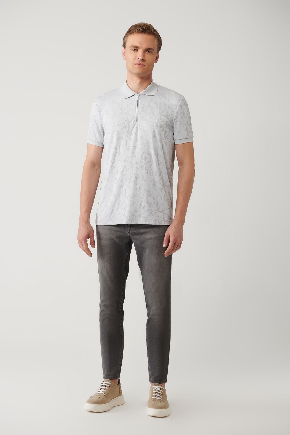 Men's gray zipper jacquard Polo collar T-shirt A41y1118