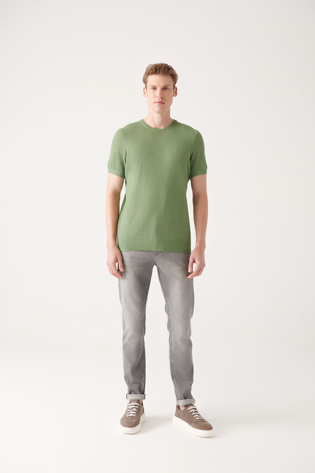 Men's Water Green Modal Bicycle Collar texture Ribanian knitwear T-shirt B005010