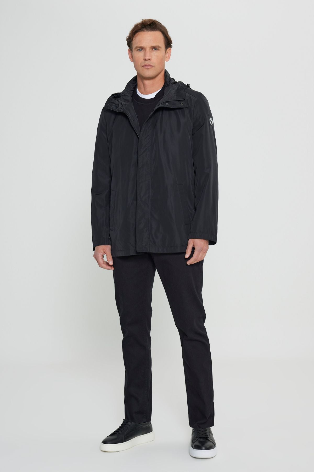 Men's Black Standard Fit Normal Cutter Windproof Hooded Red Neck Coat Trench coat