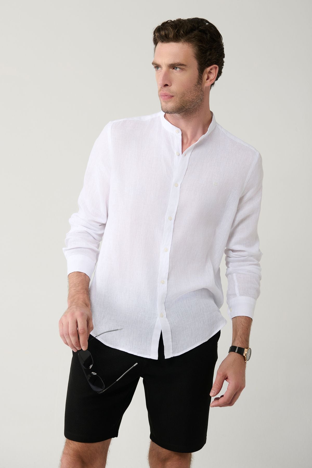 Male White Judge Neck 100 %Linen Shirt B002035