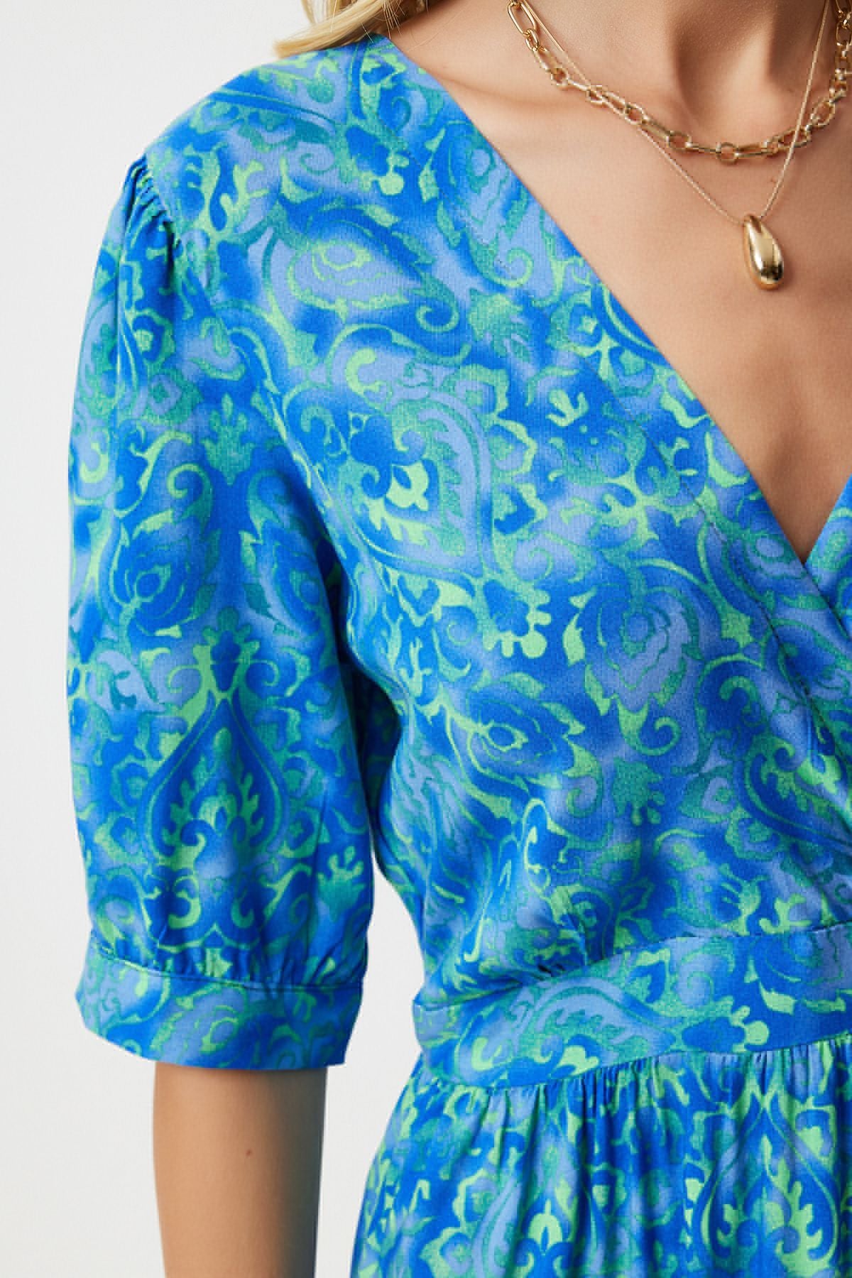 Woman Blue Green Anvelop Yaka Floral Summer Viscose Dress RV00128