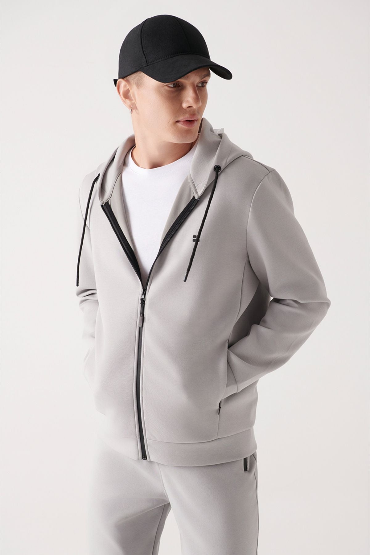 Men's Gray Hooded Interlok Fabric Zippered Sweatshirt B001102