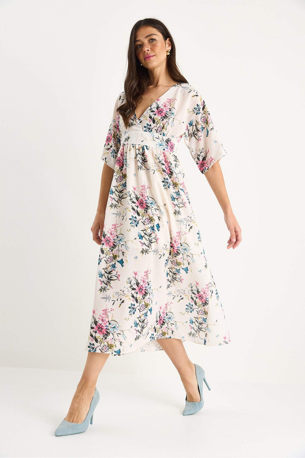 Women's V-Neck Waist Detailed Wide Sleeve Floral Patterned Linen Textured Lined Dress 3047 60283362
