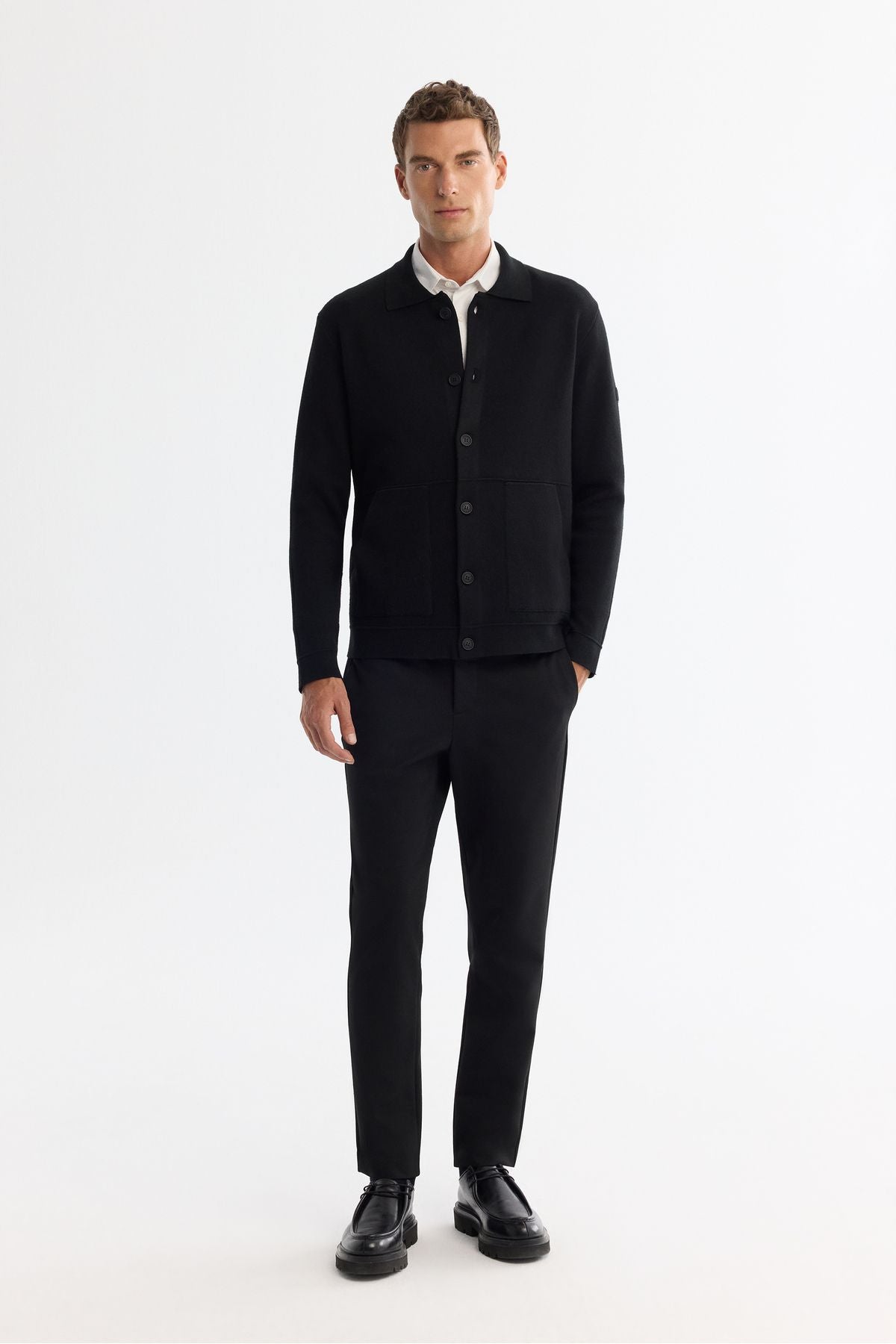 Men's Black Polo Yaka woolen gangbreled knitwear cardigan A42y5141