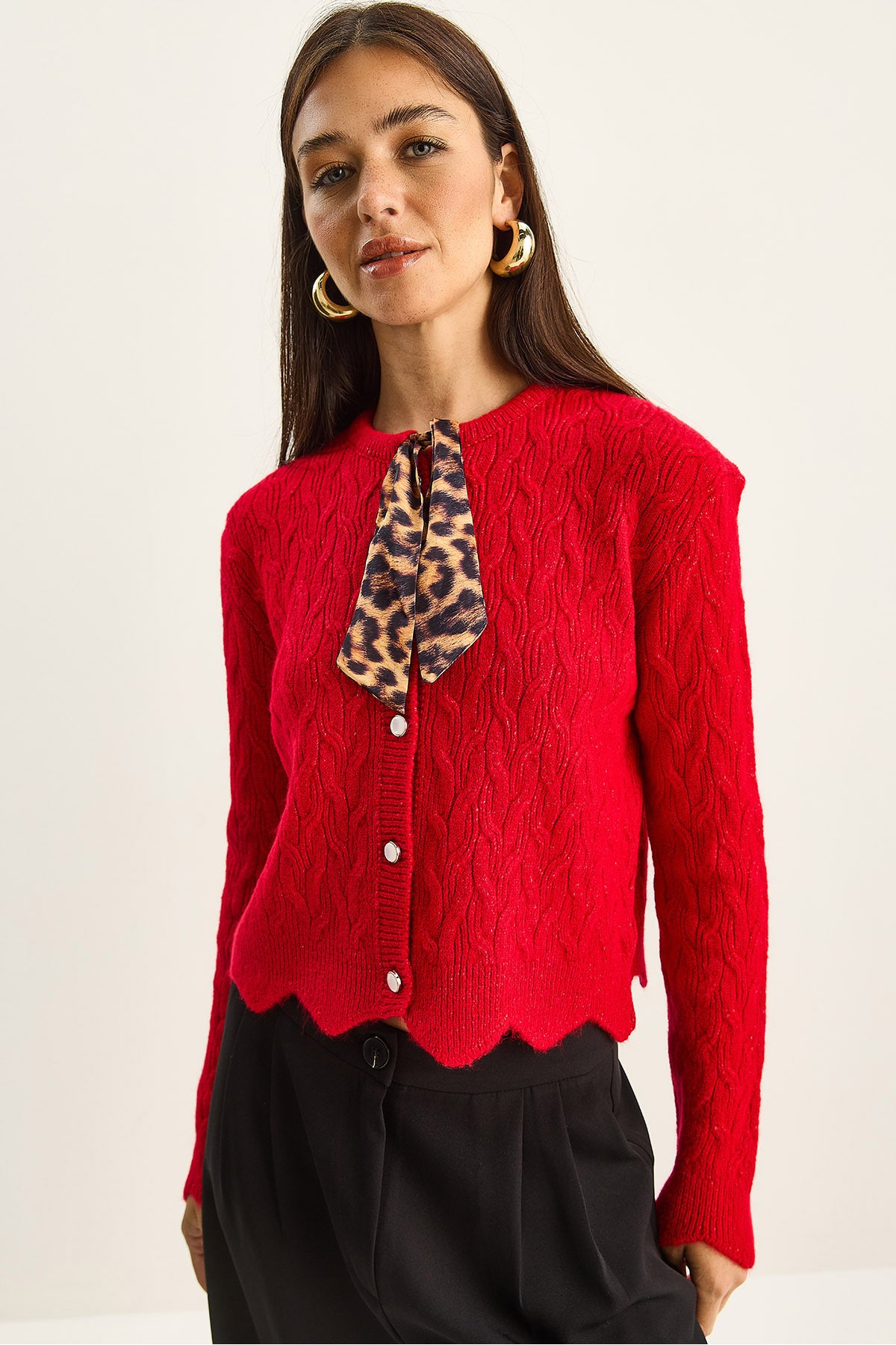 Women's Braided Scarf Detailed Buttoned Cardigan TH241026 60251873