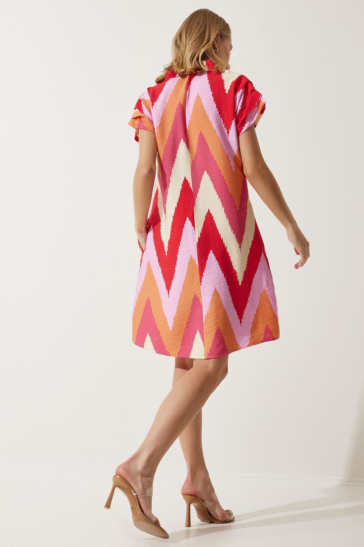 Woman Red Cream Polo Yaka Patterned Summer Dress of00001