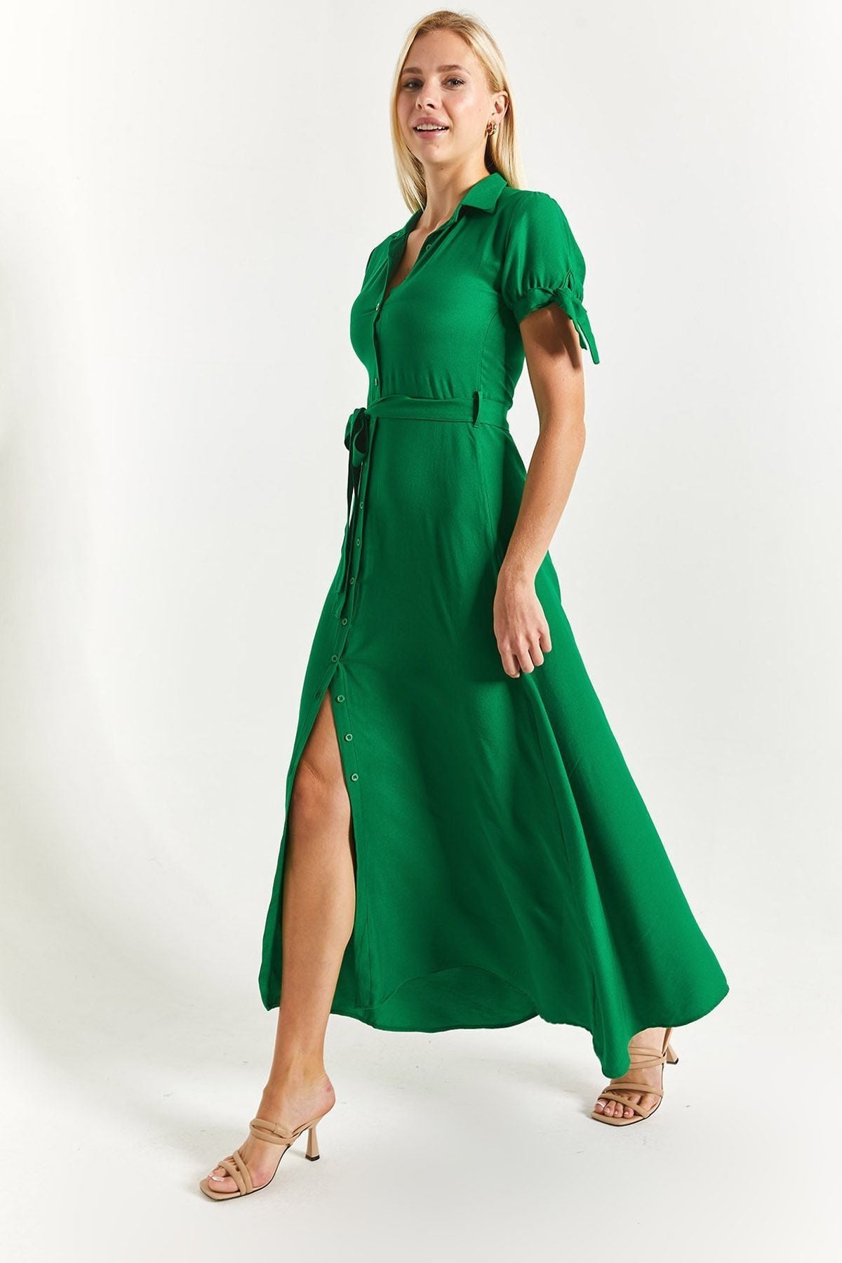 Female green arm connected waist belt shirt dress ARM-23Y001004