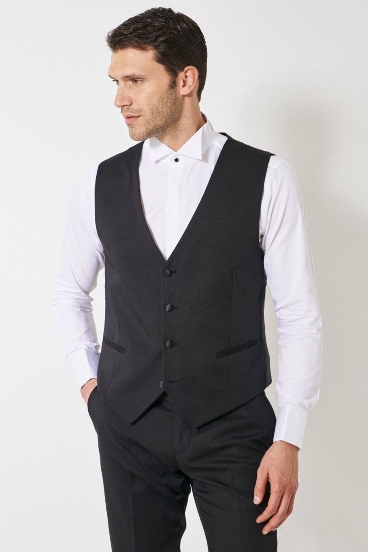 Men's Black Slim Fit Narrow Cut V -Neck Patternic Classic Vest