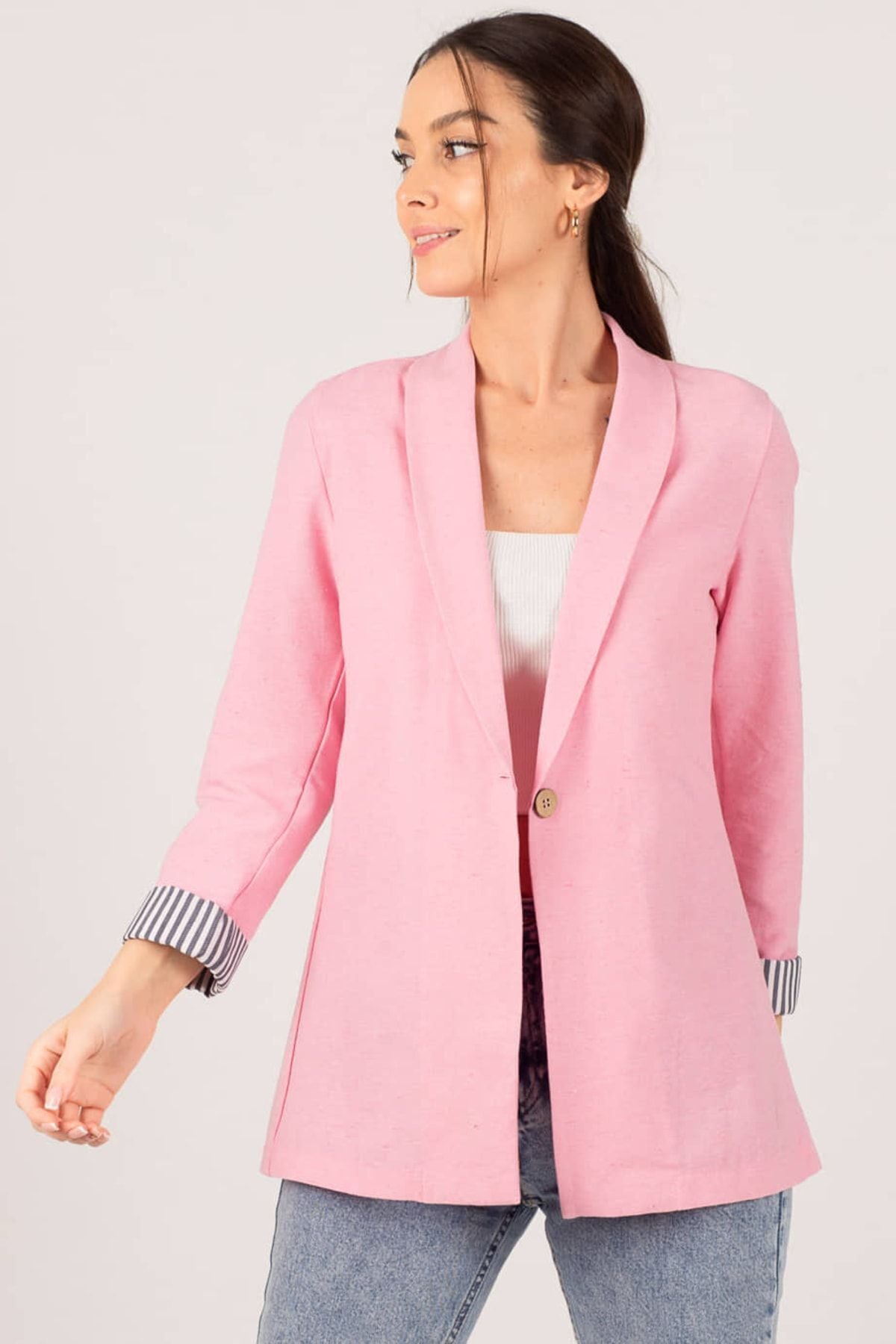 WOMEN Pink Sleeve Striped Single button Jacket ARM-22K001122