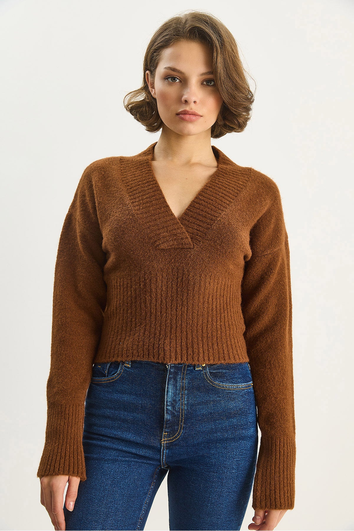 Women's V-Neck Waist Fitted Ribbed Knitwear Sweater 5080 60283586