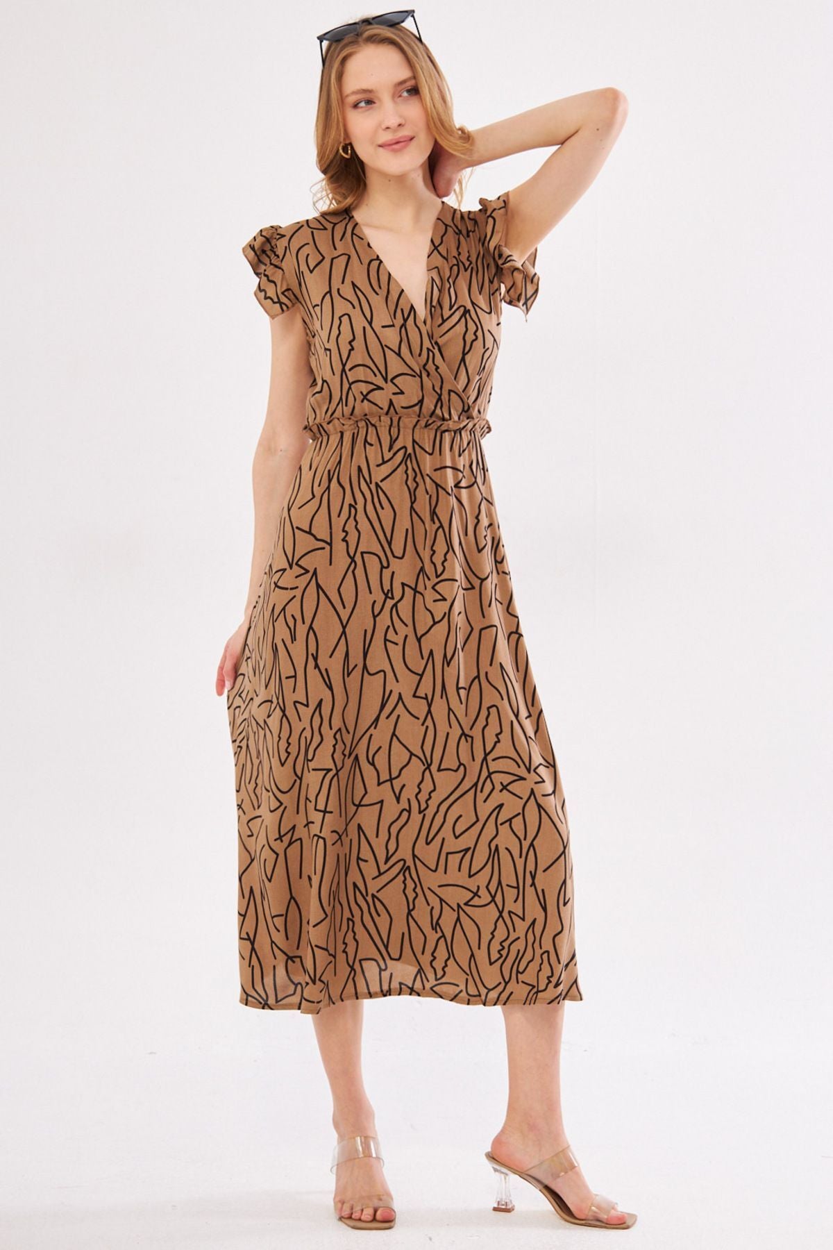 Female mink stomach dress cruve collar shoulder frilly detailed waist midi midi height ARM-24Y001020
