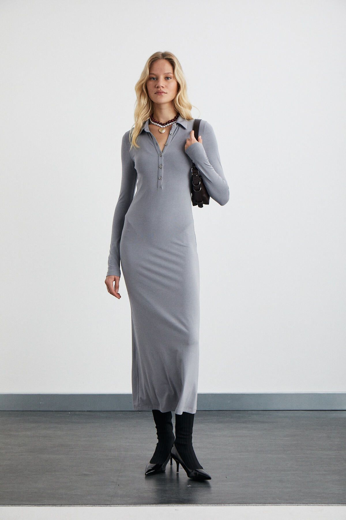 Saidy Female viscose lycra shirt shirt bodily bodycon Maxi Dark Gray Dress