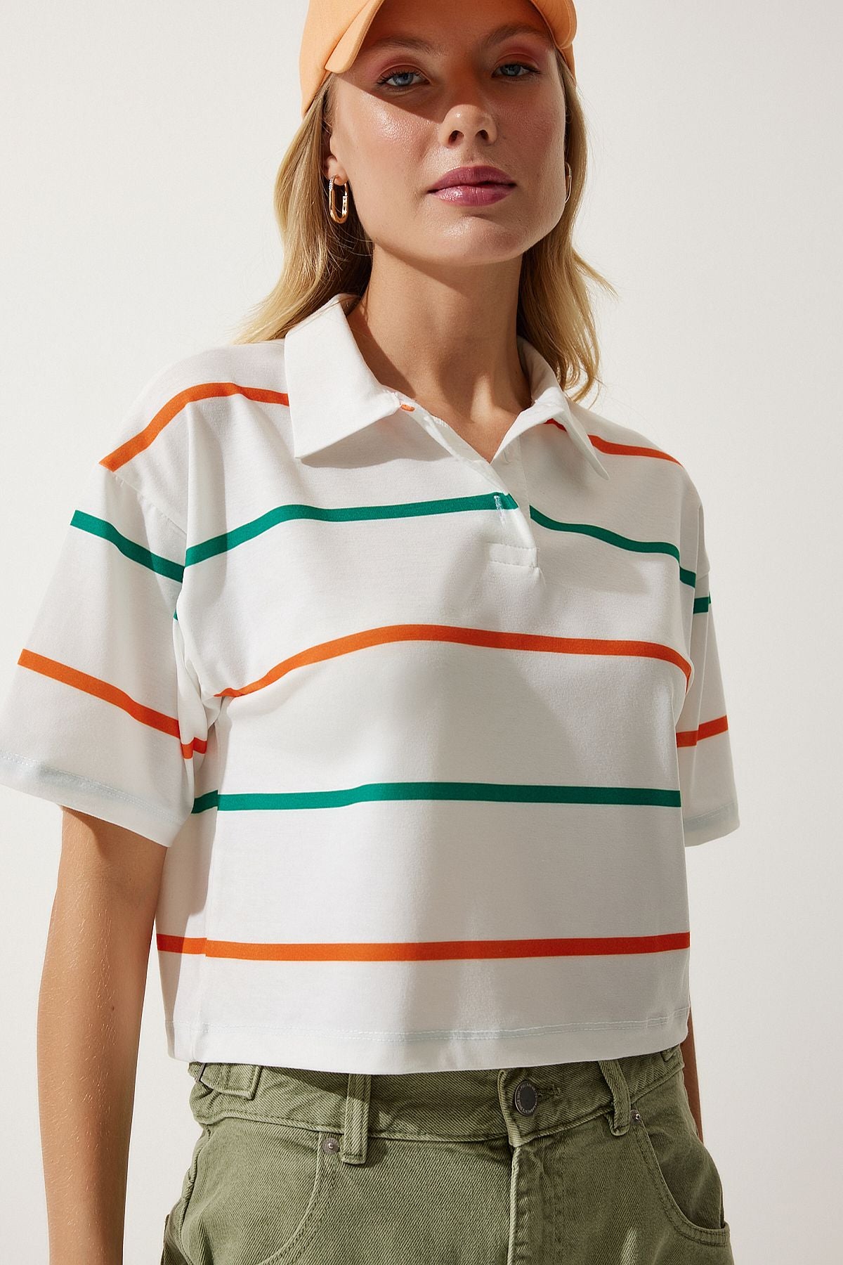 Woman Ekru Orange Polo collar striped short knitting T-shirt HF00454