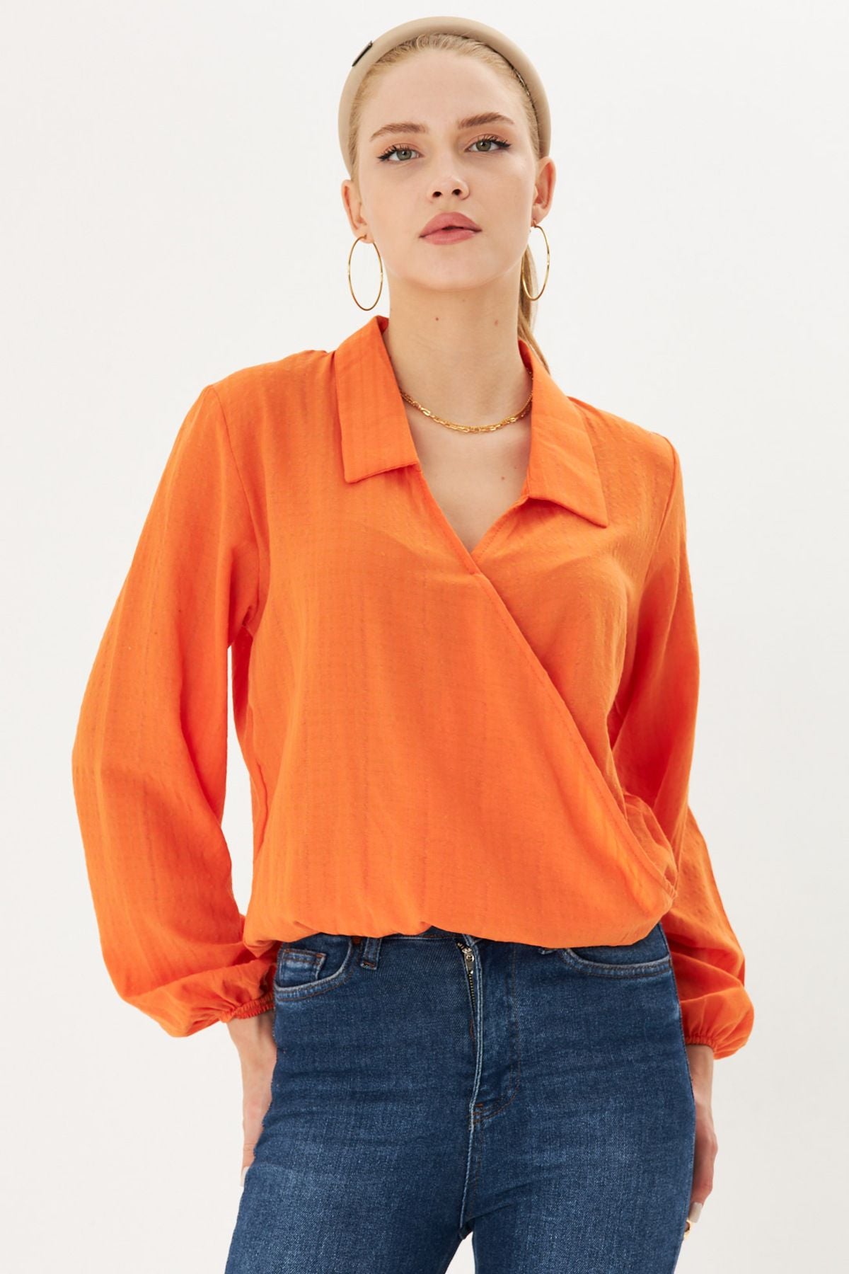 Women's Orange Band and Waist Rubble Cruve Blouse ARM-25K001041