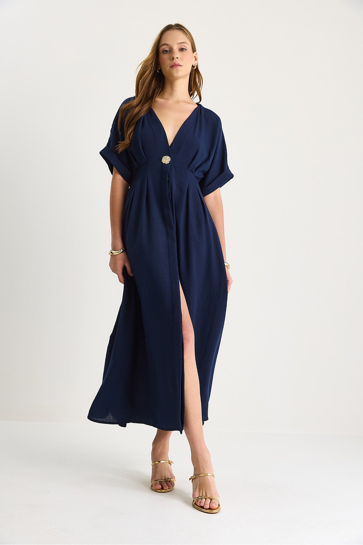 Women's V-Neck Gold Button Detailed Linen Dress 5266 60281107