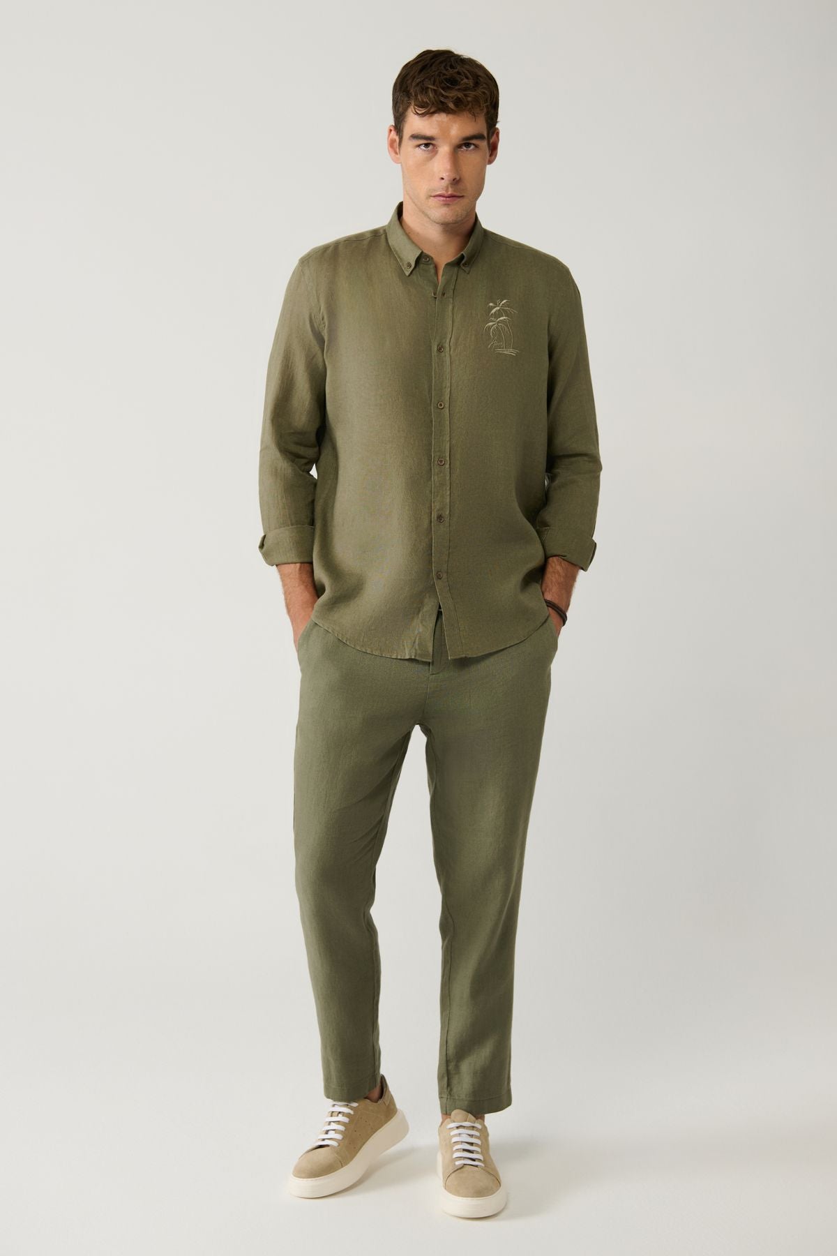 Male Khaki Buttoned Neck 100 %Linen Embroidery Shirt A41y2232