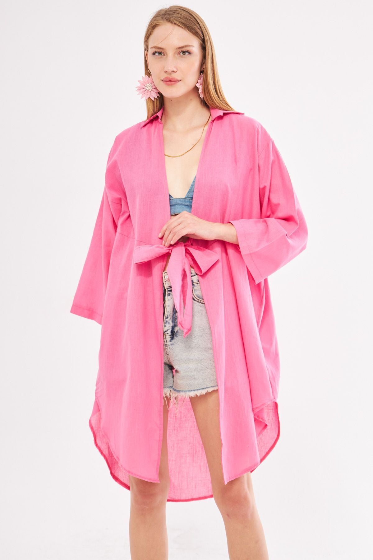 Fuchsia Fuchsia front-binding thin linen fabric midi boy kimono shirt ARM-24Y001081