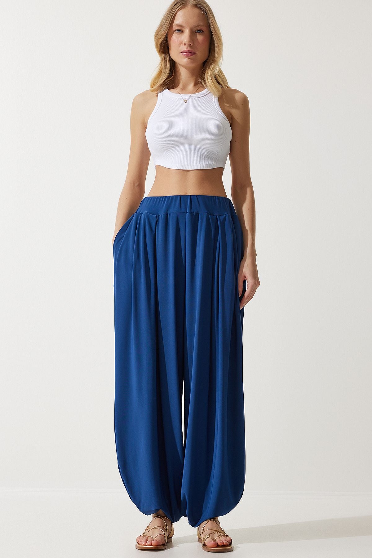 Female navy blue pleated comfortable modal shalwar pants DD01313