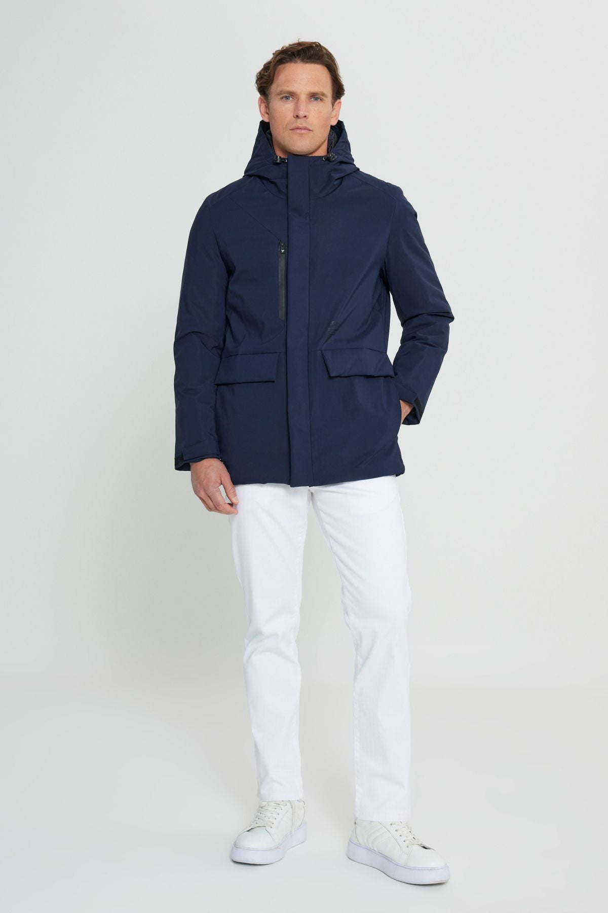 Men's navy blue hooded upright collar standard fit hot holding windproof coat coat
