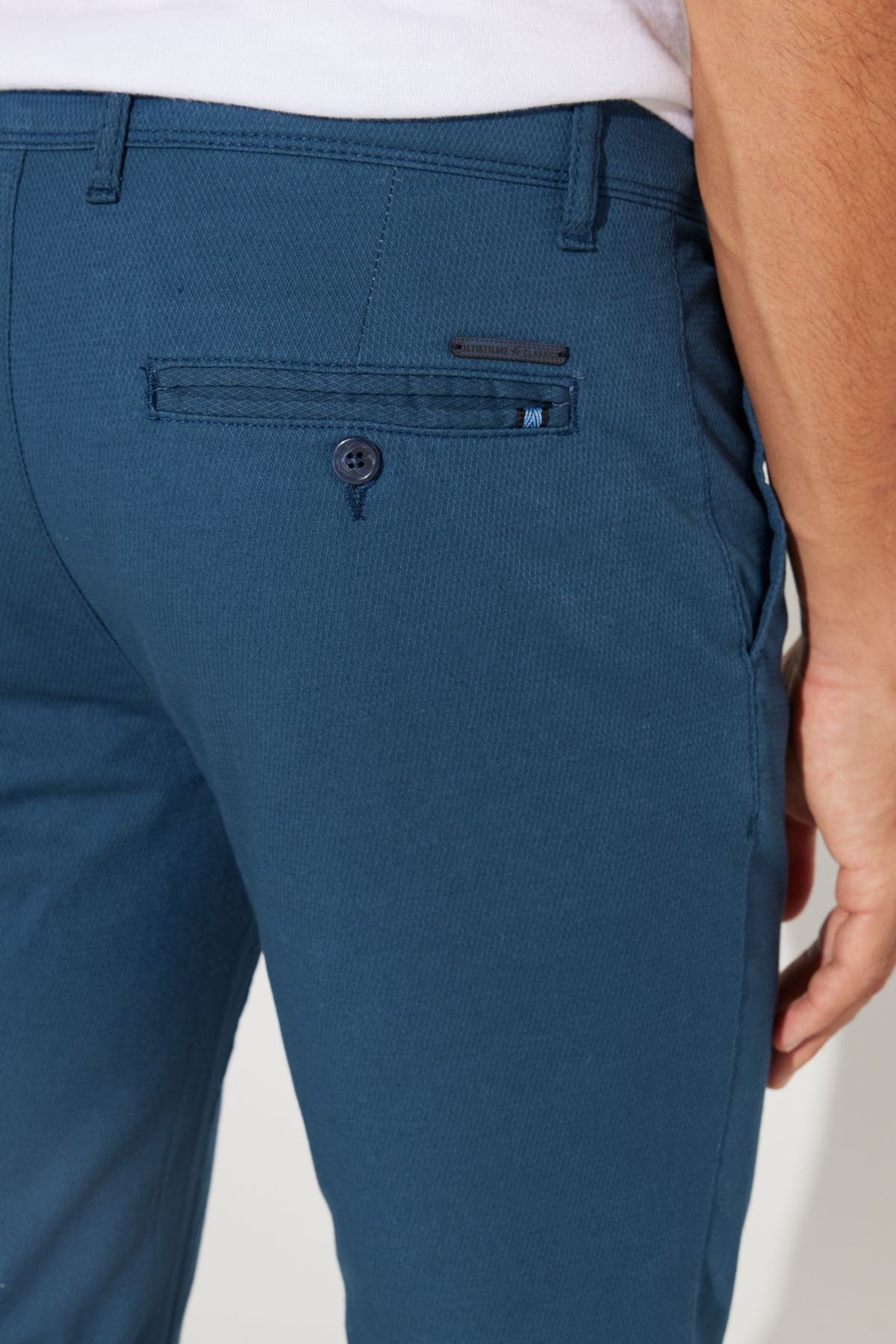 Men's indigo slim fit narrow cut cotton flexible relaxed trousers
