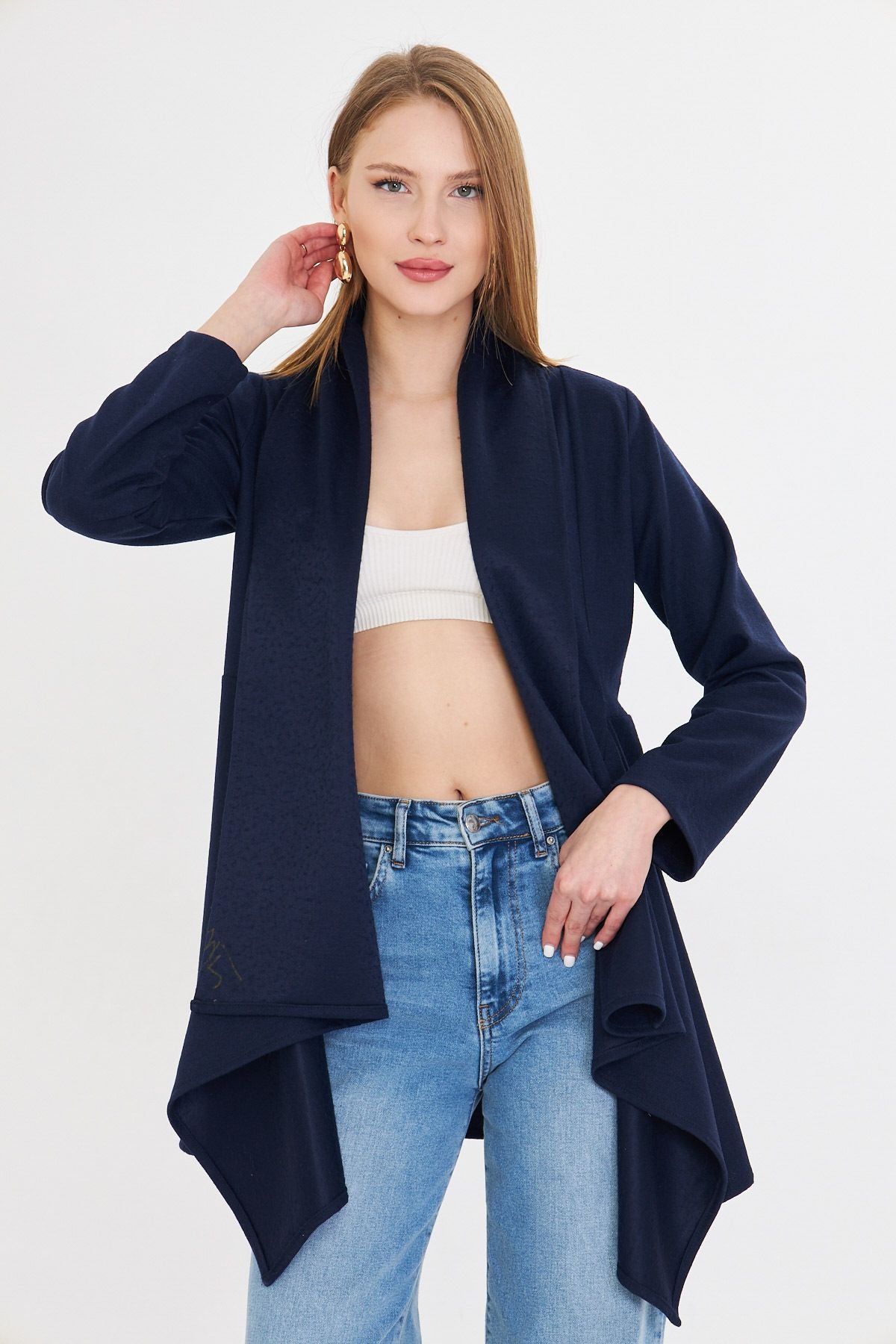 Woman Navy Blue Shawl Yaka Stamp Shabby Cardigan ARM-25K001116