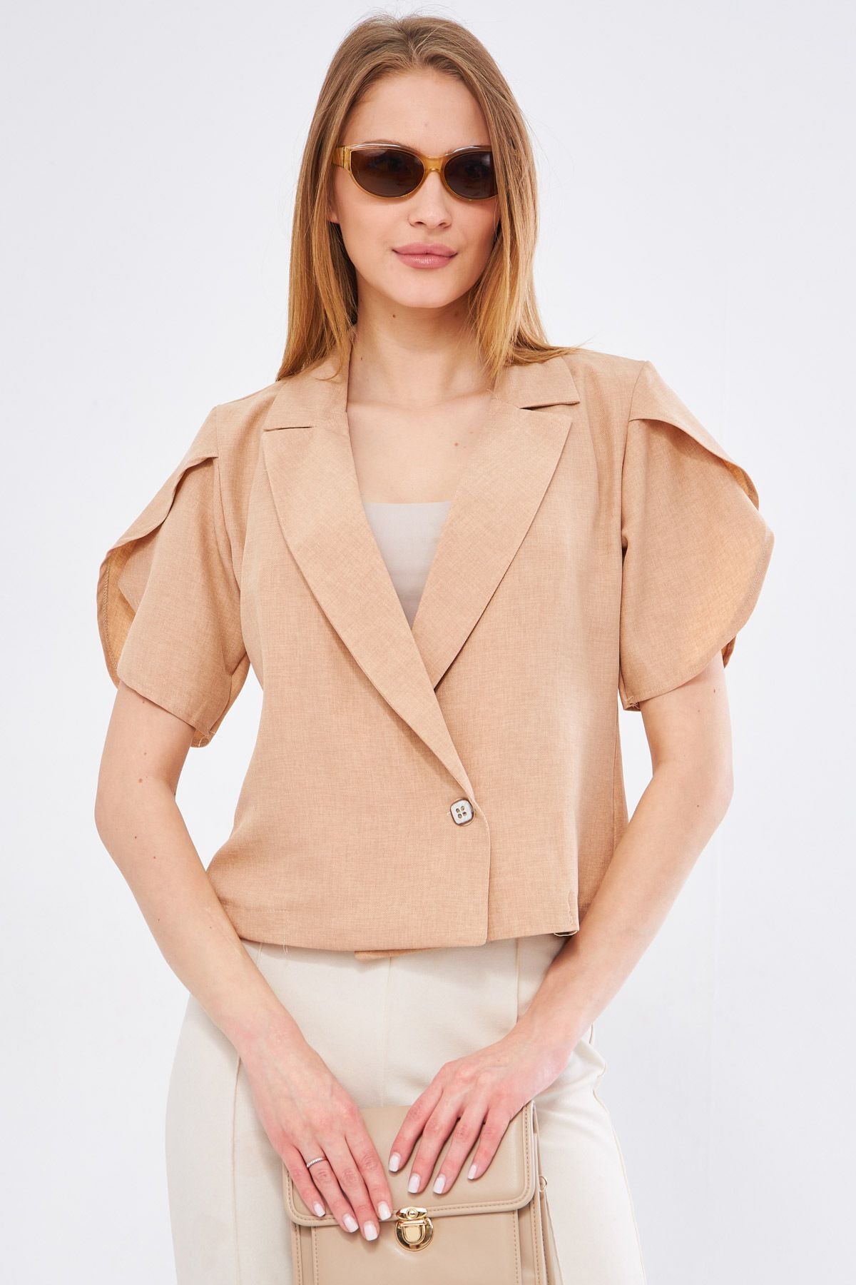 Female mink ikosiokto jacket handle slits detailed crop short sleeve ARM-24Y001048