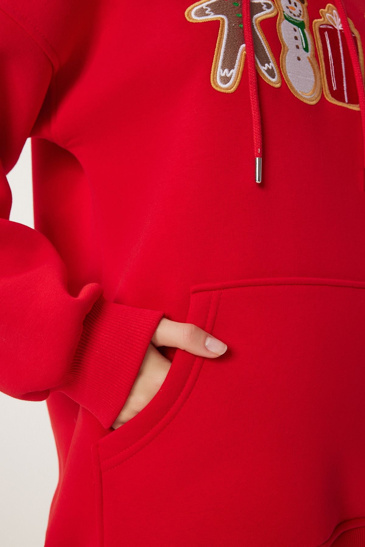 Woman Red Christmas Themed Hooded Red Knitting Sweatshirt TQ00001