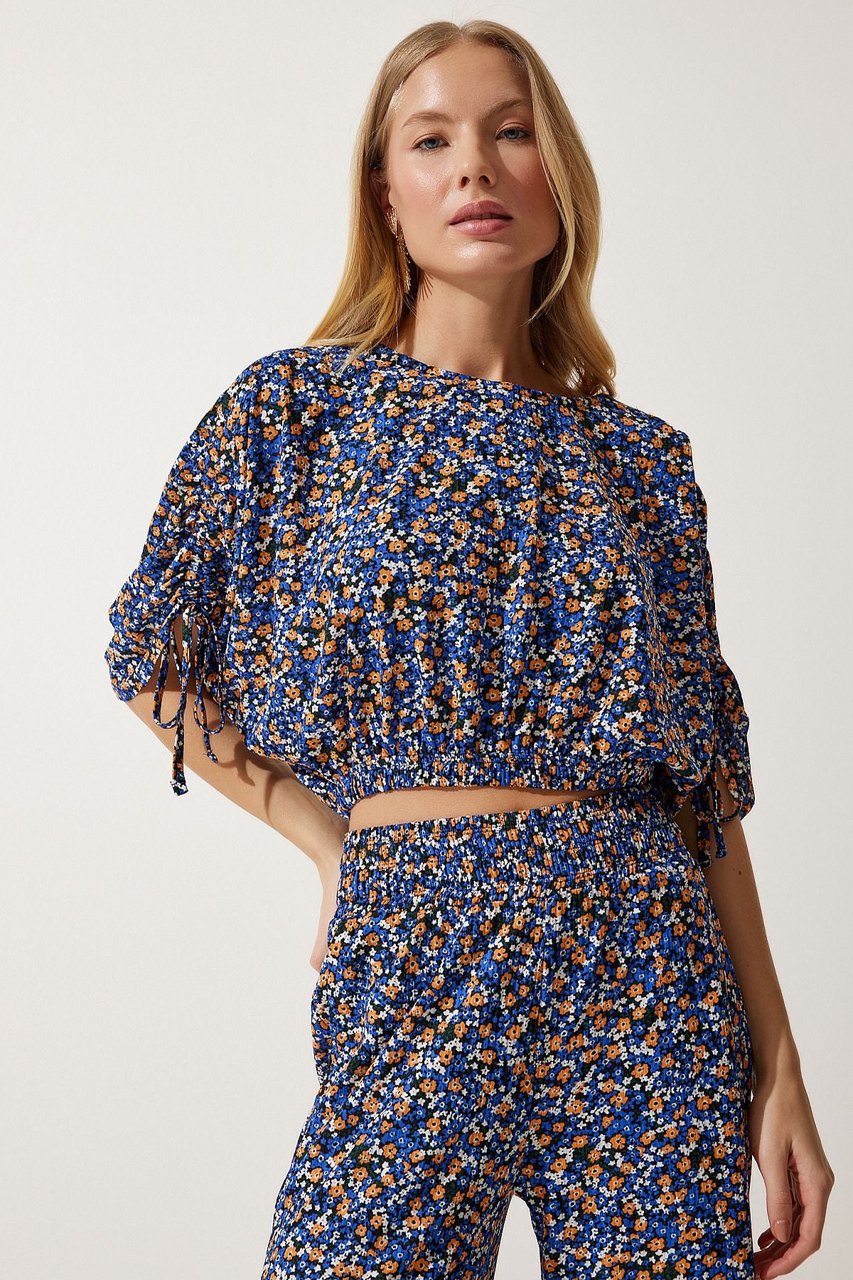 Women's Blue Orange Patterned Blouse Palazzo Knitting Set MC00264