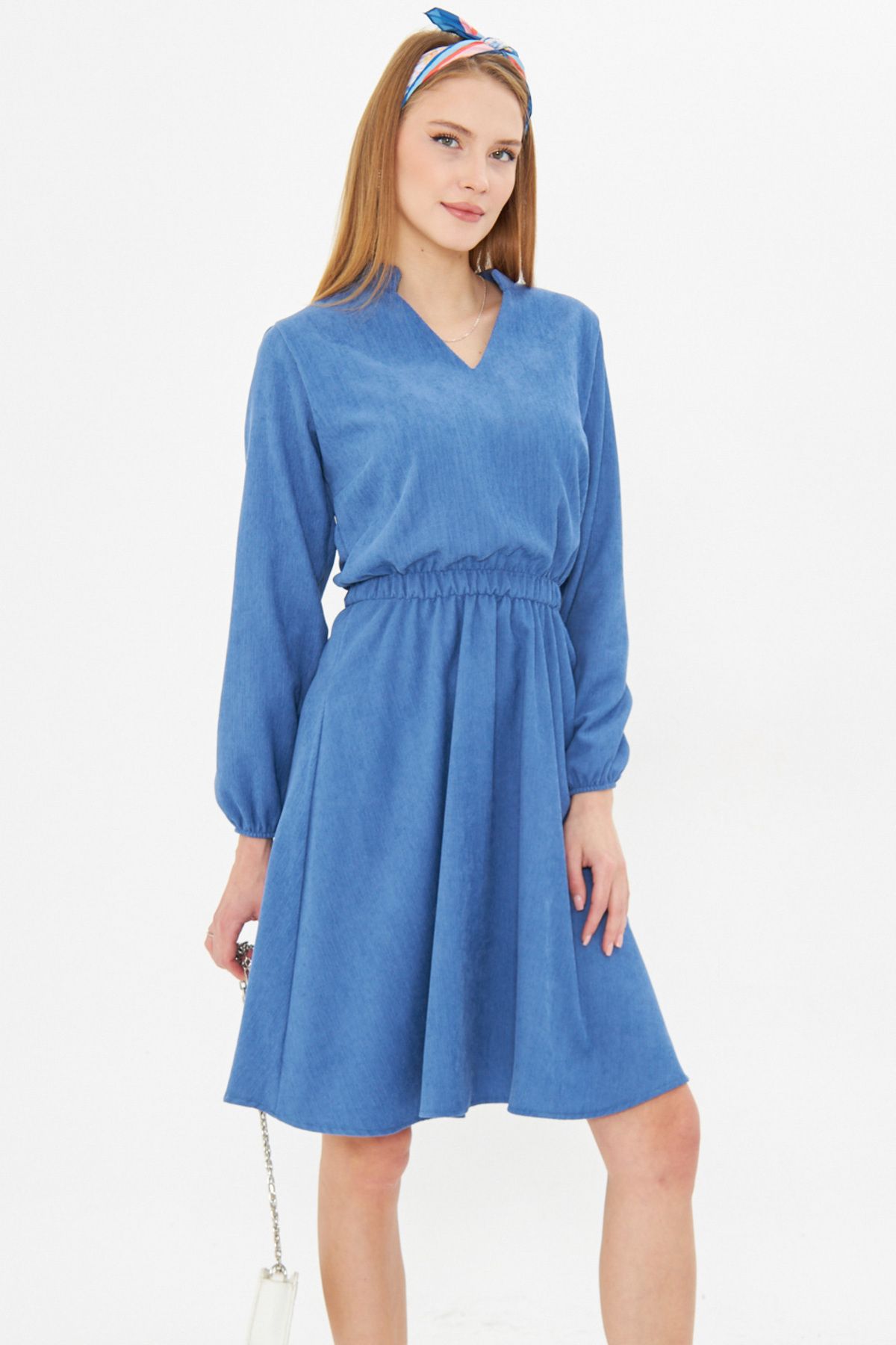 Female indigo velvet v-neck waist tire thin wniplous dress ARM-25K001049