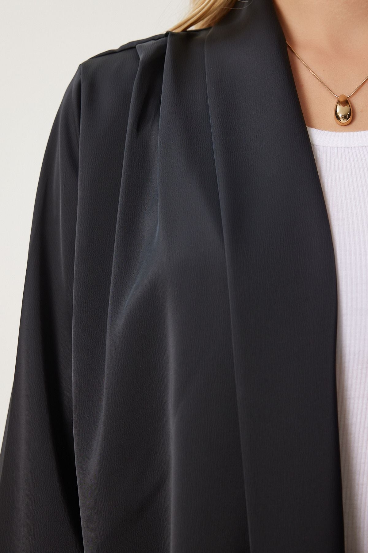 Female black shawl collar elegant satin surface jacket mc00291