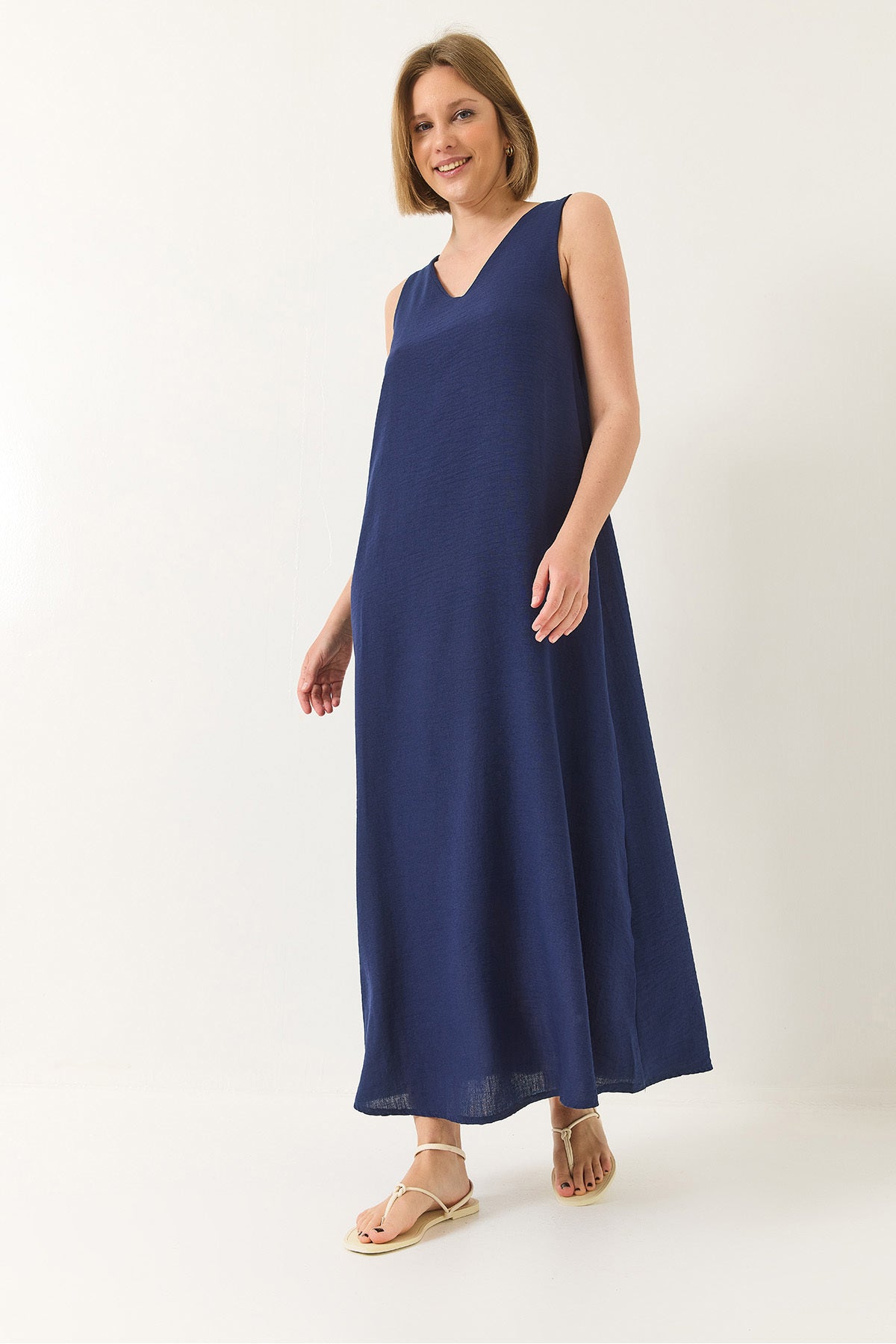 Women's V-neck Thick Strap Long Linen Dress 442 60283172