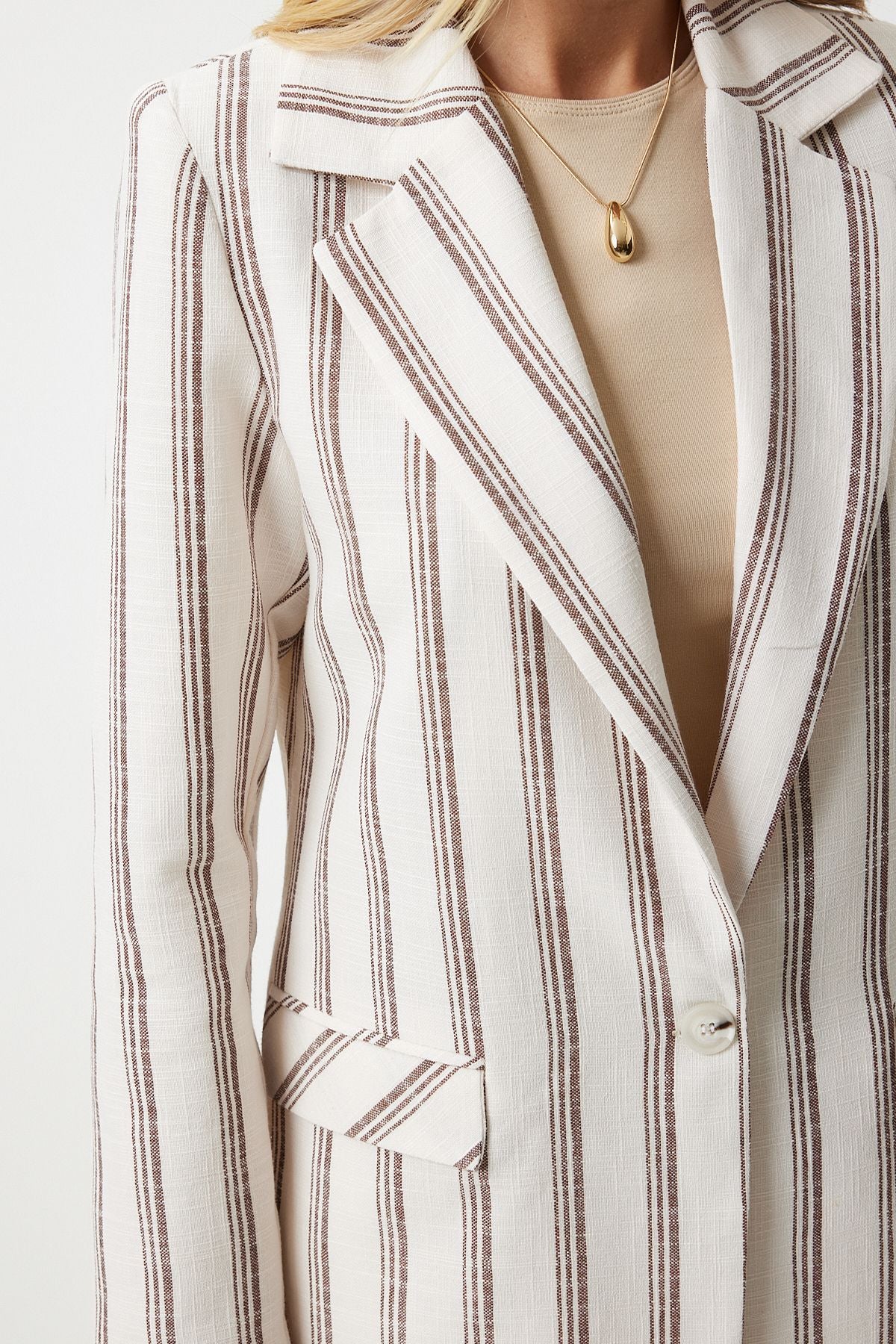 Female brown bone striped watt -linen mixed blazer jacket GP00006