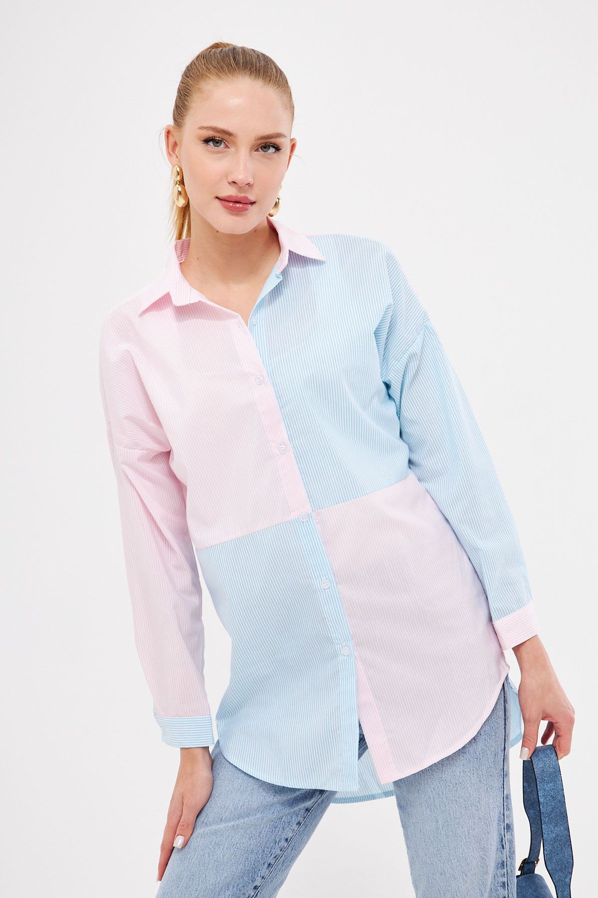 Woman Baby Blue Blue Striped Two Color Long Sleeve Shabby Shirt ARM-21K001193