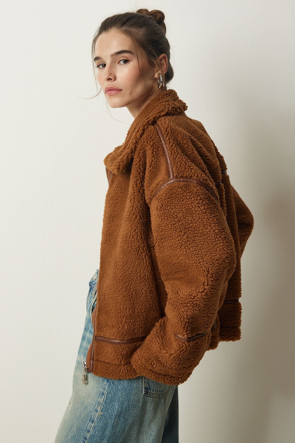 Female Brown Artificial Fur Biker Jacket FN03153