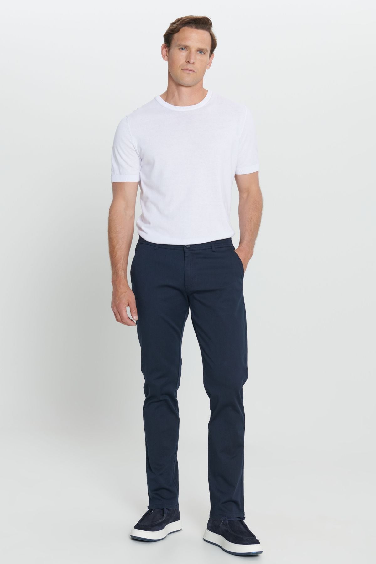 Men's navy blue slim fit narrow -cut cotton flexible chino pants