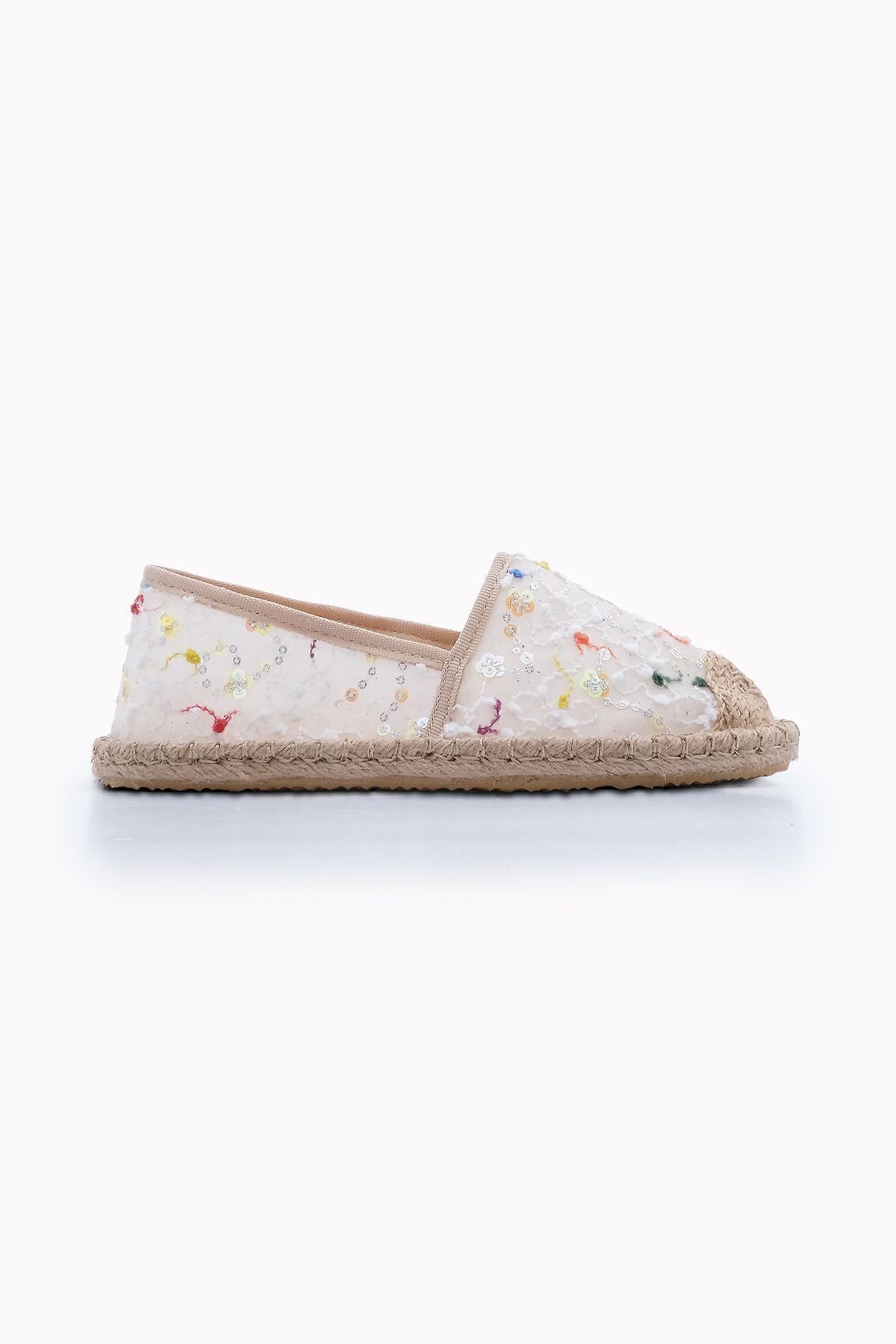 Female Flower Flower Embroidered Jute Espadril Babet Tiras White